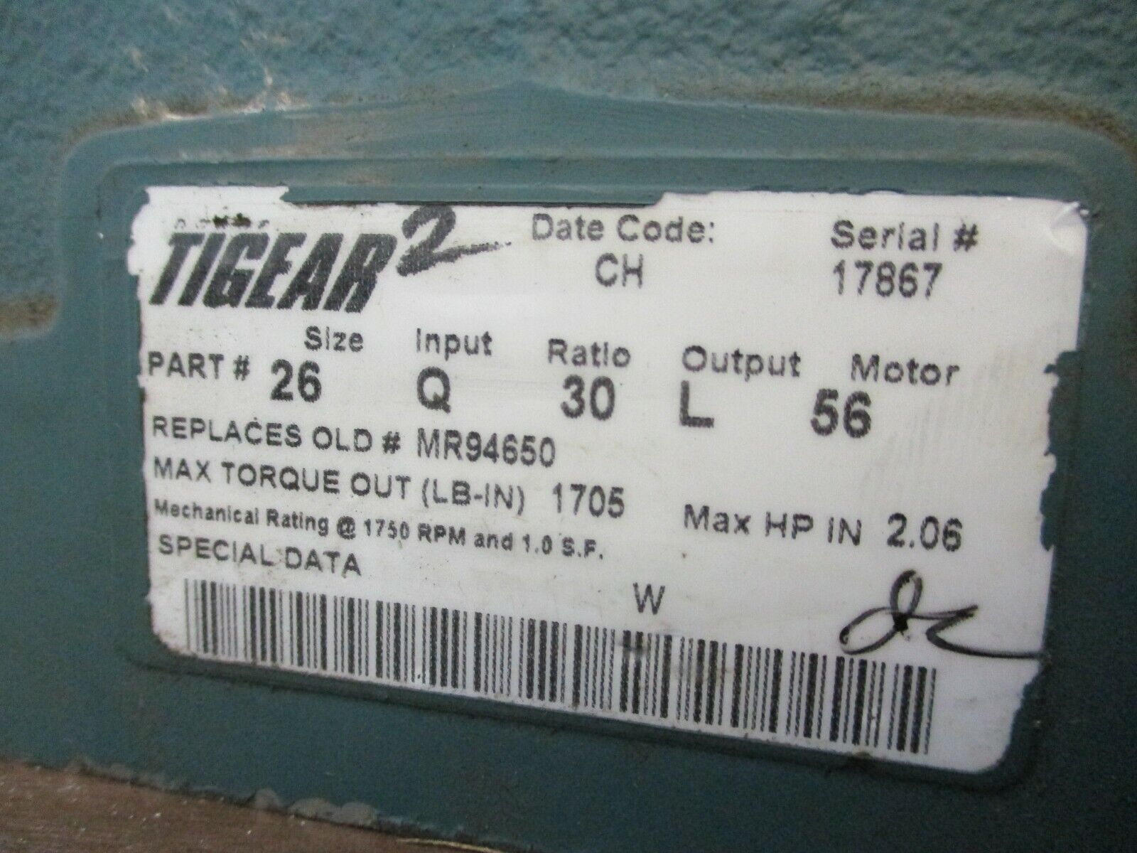 Dodge Tigear 2 Reducer 26Q30L56 Ratio: 30:1 2.06 HP In 1705 LB-In Torque Out