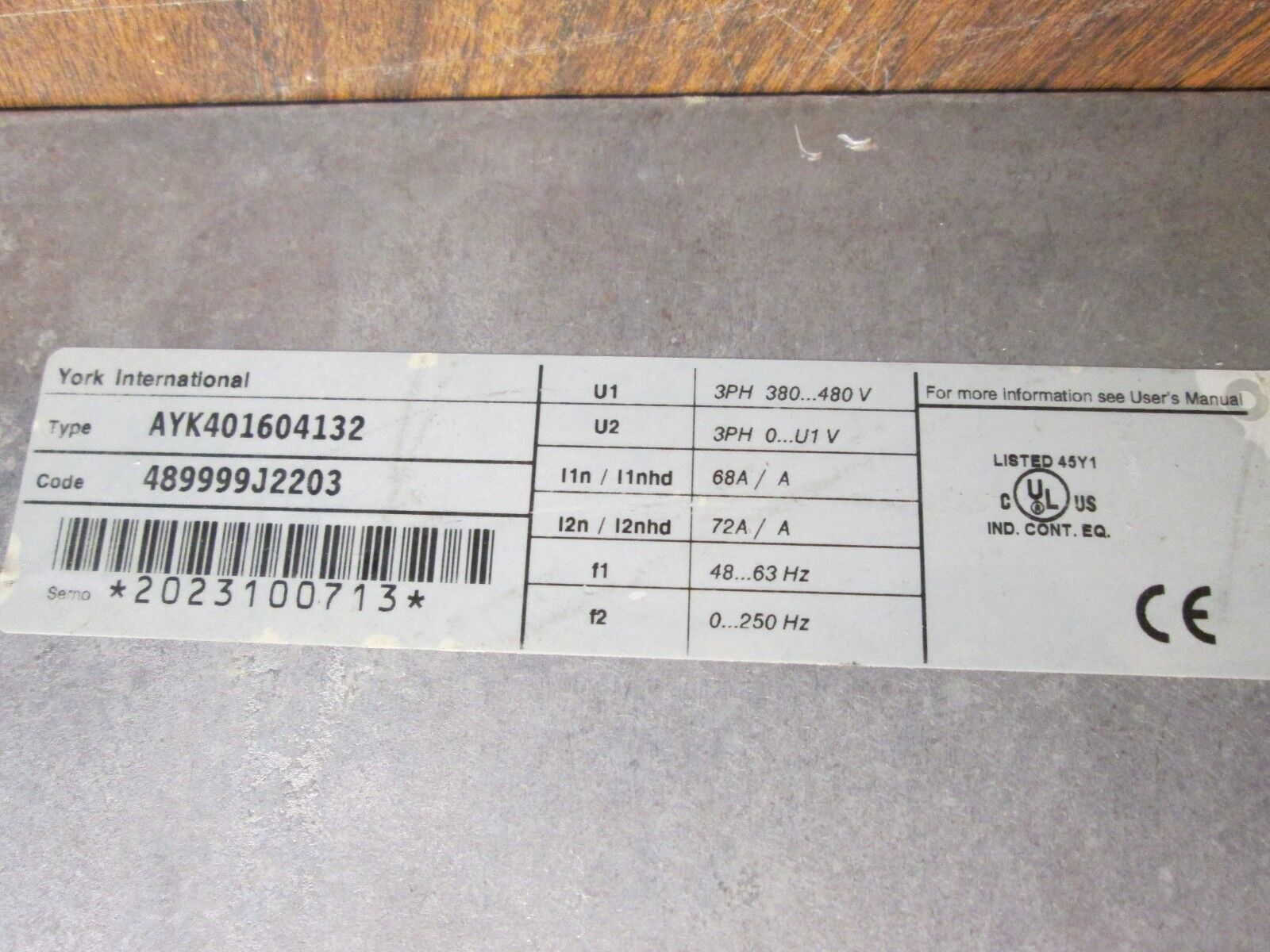 York AC Drive AYK401604132 50HP 3Ph Input: 380-480V Used