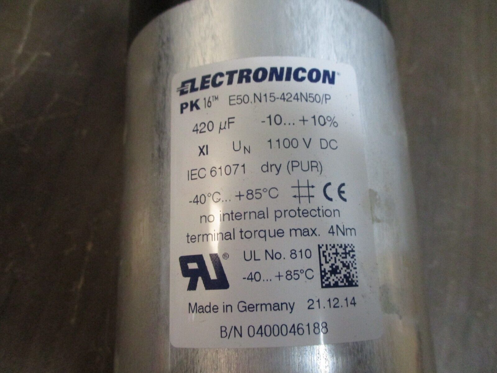 Electronicon PK16 Capacitor E50.N15-424N50/P 420uF 1100VDC Used