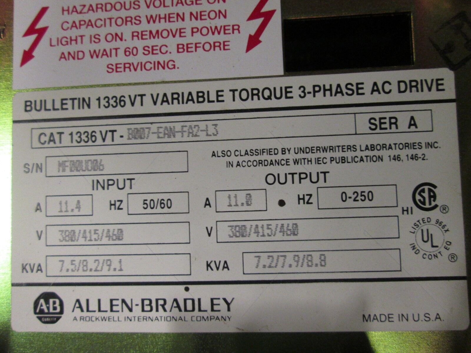 Allen-Bradley 1336 VT AC Drive 1336VT-B007-EAN-FA2-L3 7.5HP Out: 380/415/460V
