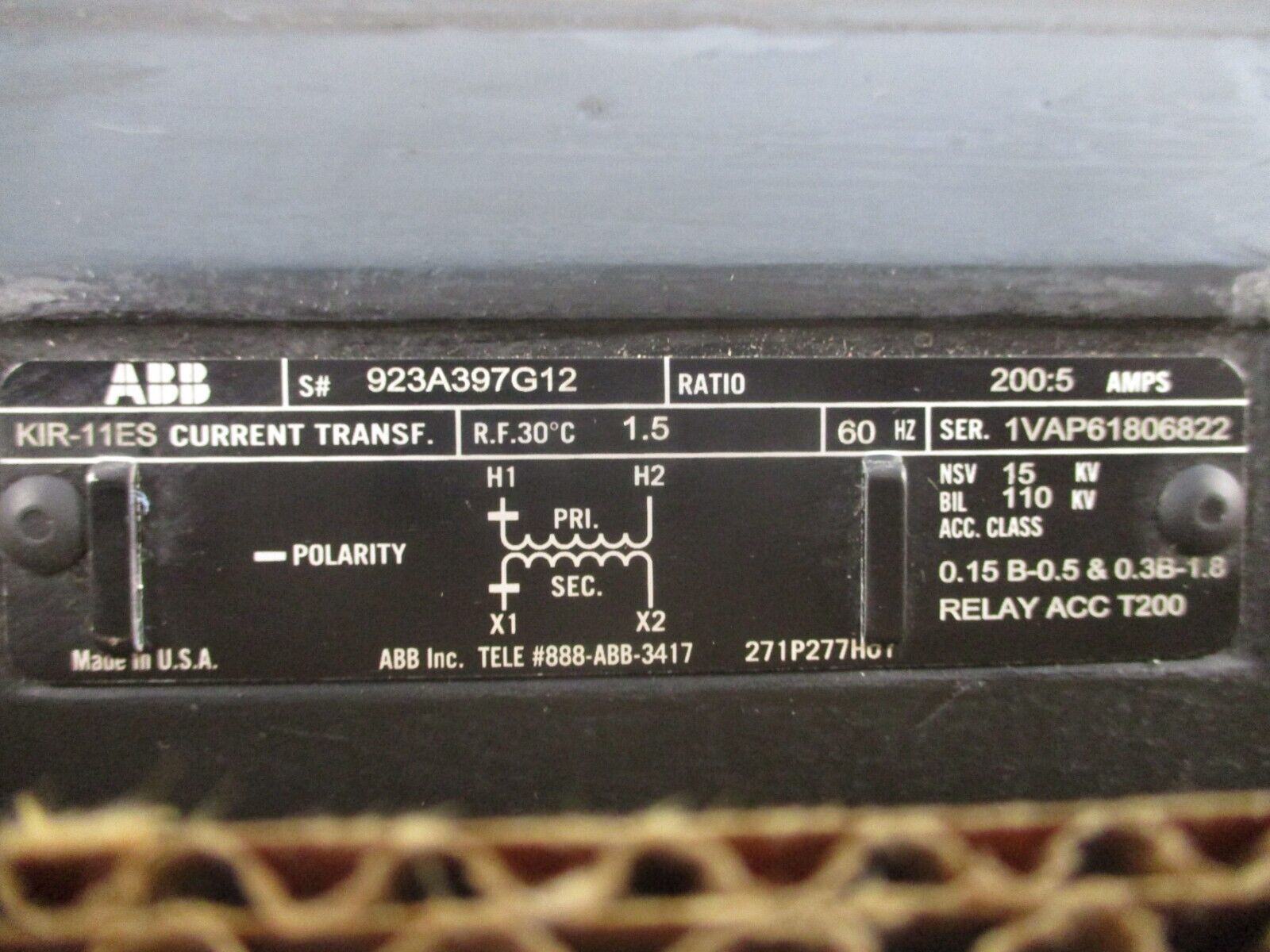 ABB KIR-11ES Current Transformer 923A397G12 Ratio 200:5A 15kV 60Hz 110kV BIL