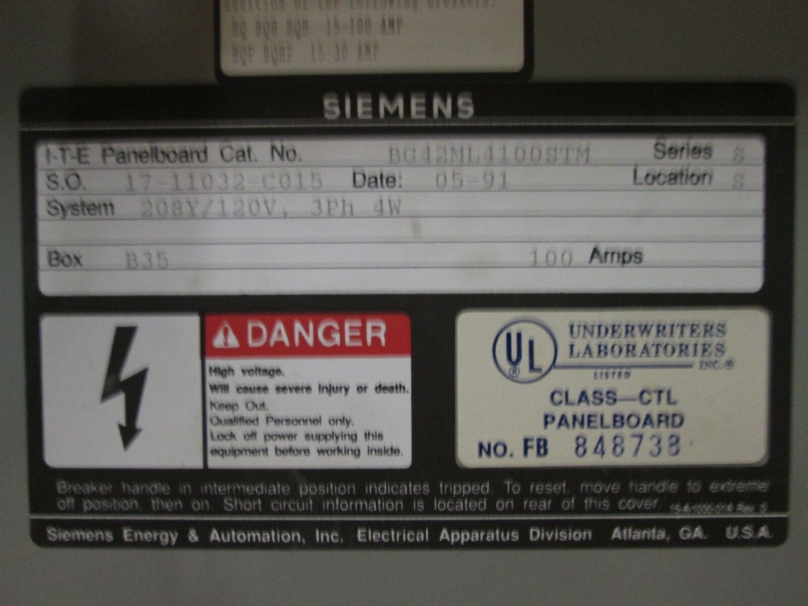 Siemen Breaker Panel BG42ML4100STM 100A Used