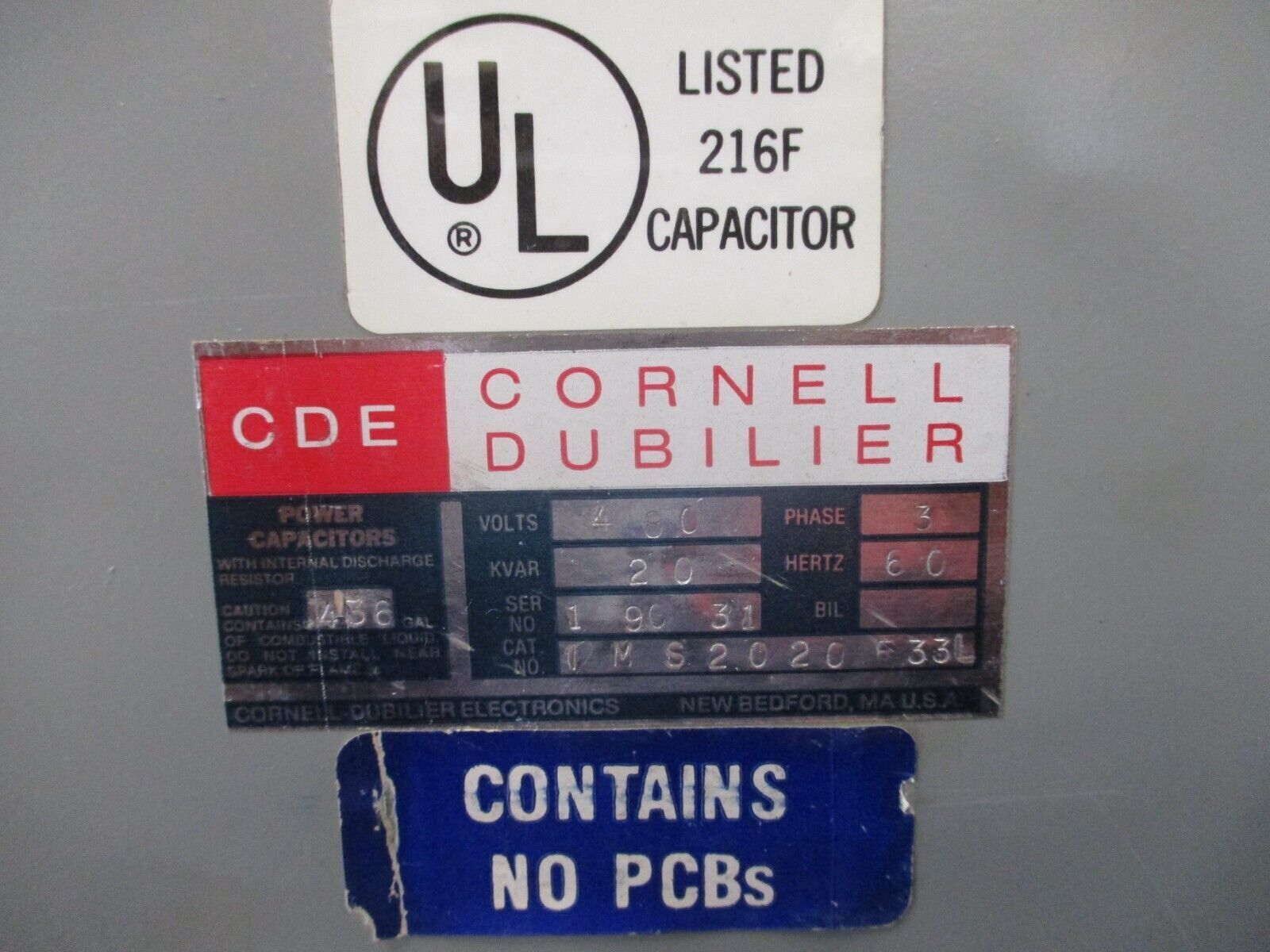 Cornell Dubilier Capacitor IMS2020F33L 20kVAR 480V 3Ph 60Hz *Broken Light Cover*