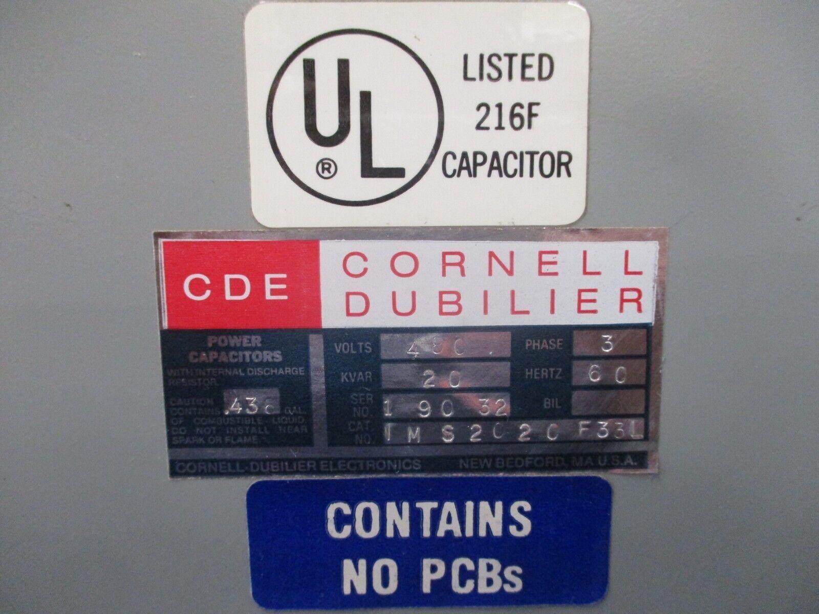 Cornell Dubilier Capacitor IMS2020F33L 20kVAR 480V 3Ph 60Hz Used