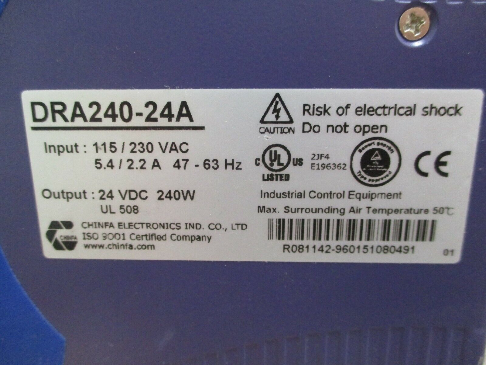 Chinfa DRA240 Power Supply DRA240-24A Output: 24VDC, 240W Used