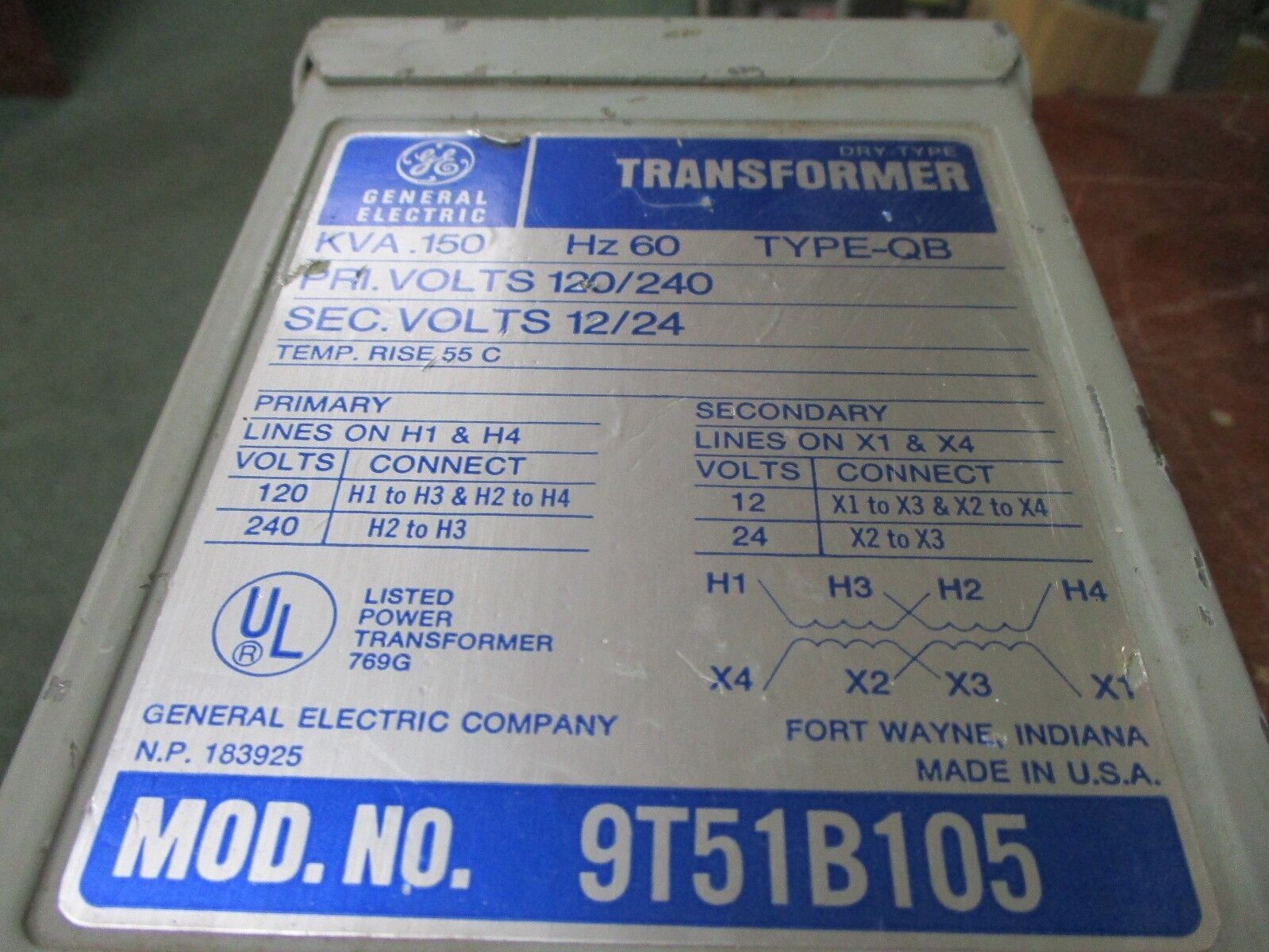 GE Back Boost Transformer 9T51B105 0.150KVA Pri: 120/240V Sec: 12/24V Used