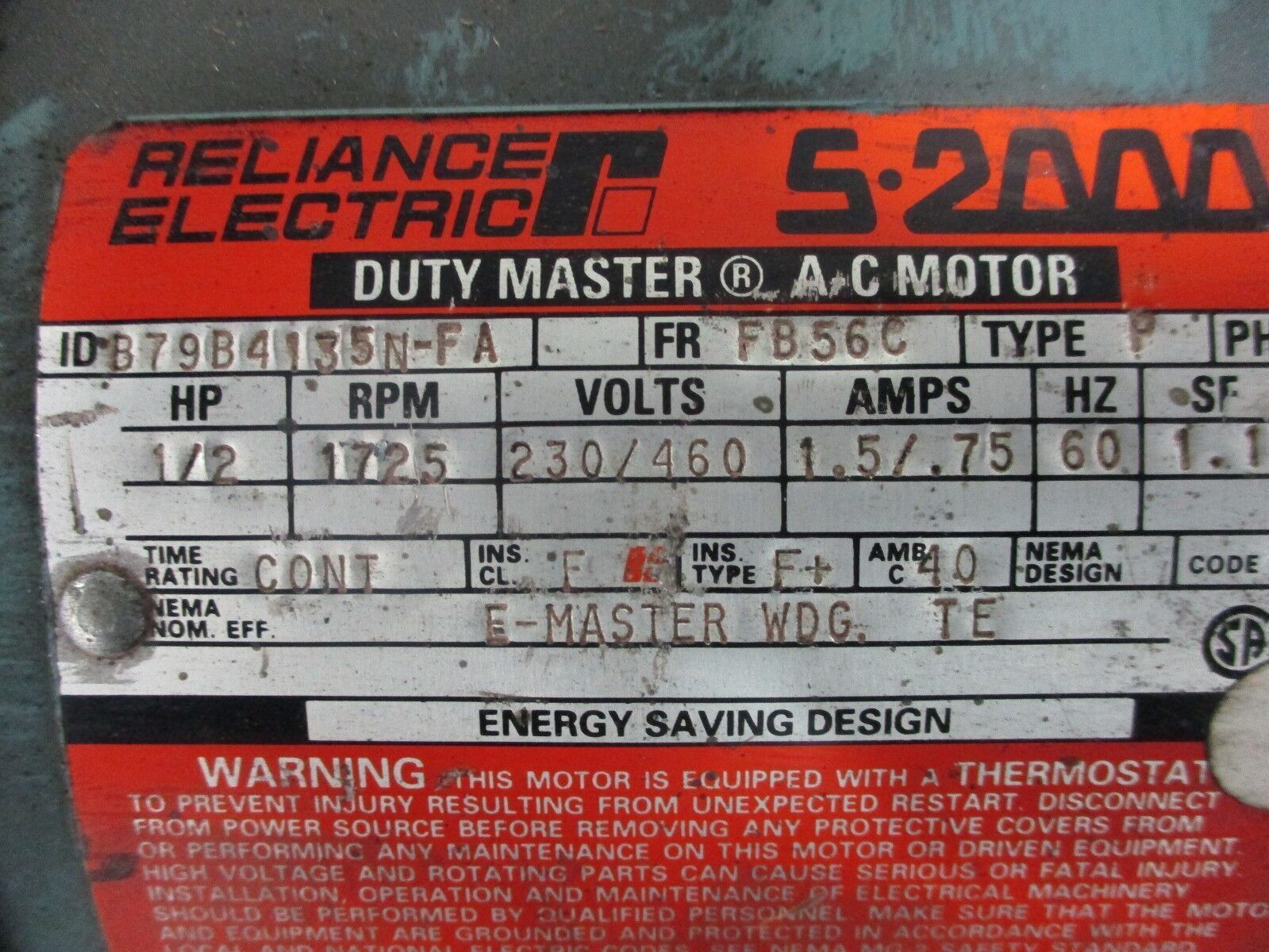 Reliance Duty Master AC Motor B79B4135N-FA 1/2HP 1800RPM FR:FB56C 230/460V Used