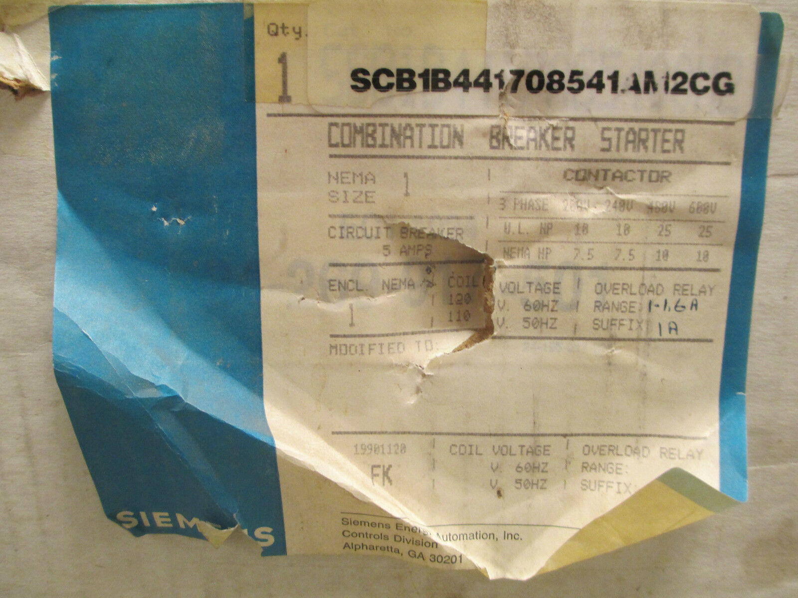 Siemens Combination, Size 1 Circuit Breaker 5A 3P, New in Box!!!