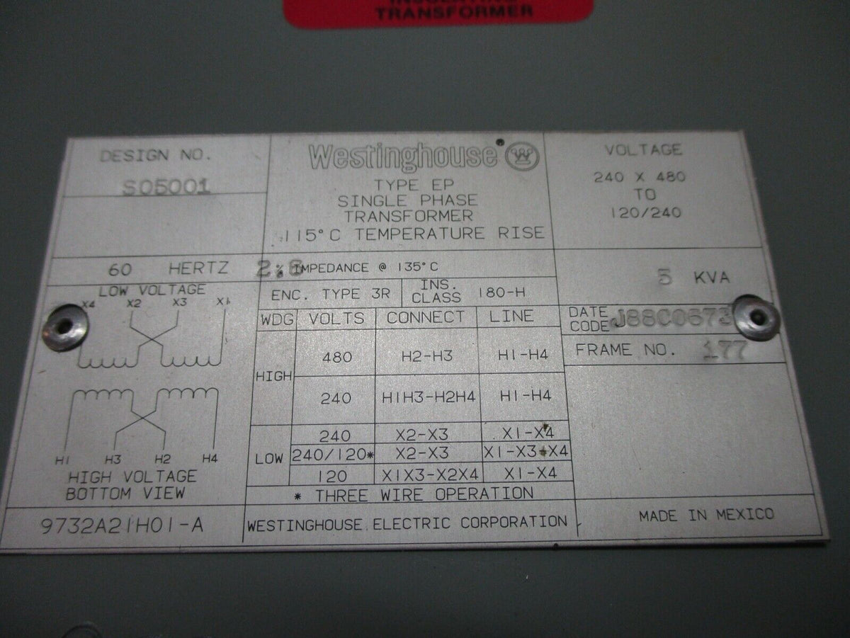 Westinghouse EP 3R Transformer 9732A21H01-A 5kVA Pri: 240/480V Sec: 120/240V
