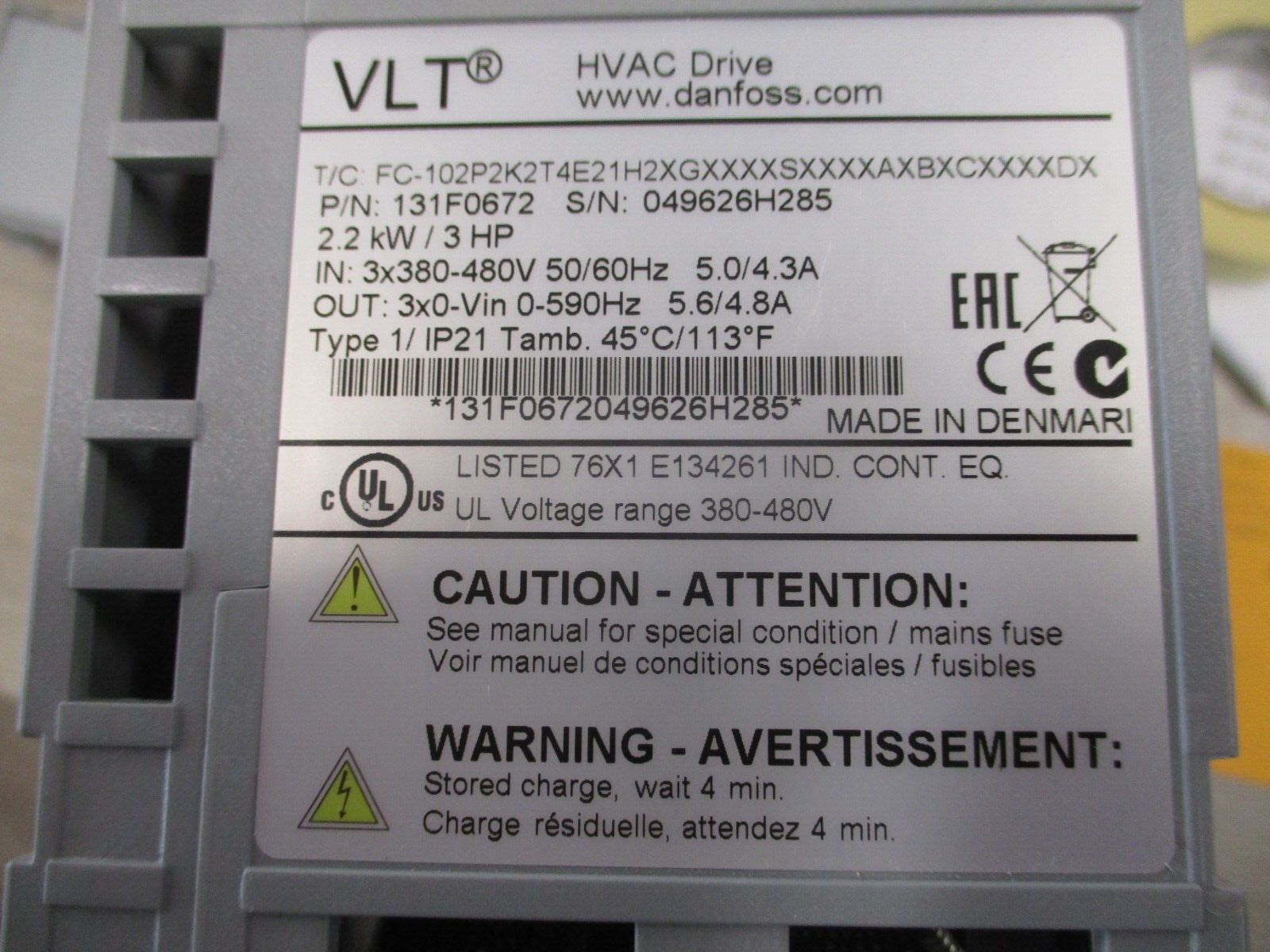 Danfoss VLT AC Drive 131F0672 3HP 3Ph Input:3x380-480V 50/60Hz 5.0/4.3A