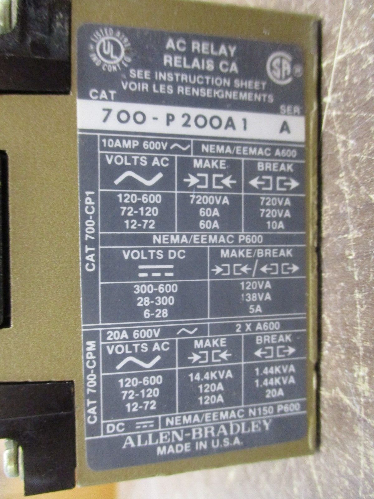 Allen-Bradley AC Relay 700-P200A1 115-120V Coil 10A 600V *Lot of 2* Used