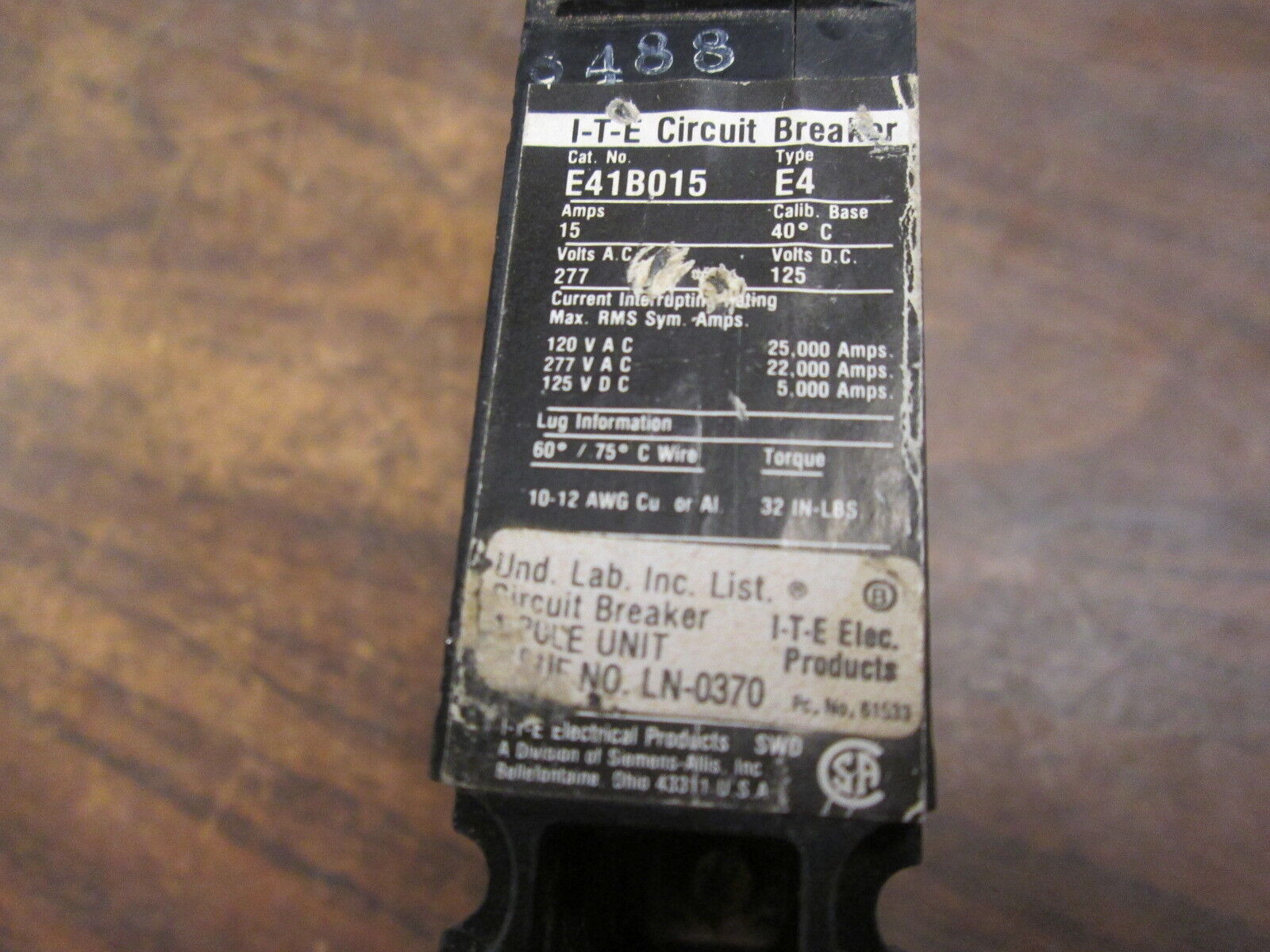 ITE Circuit Breaker E41B015 15A 277V 1P Used