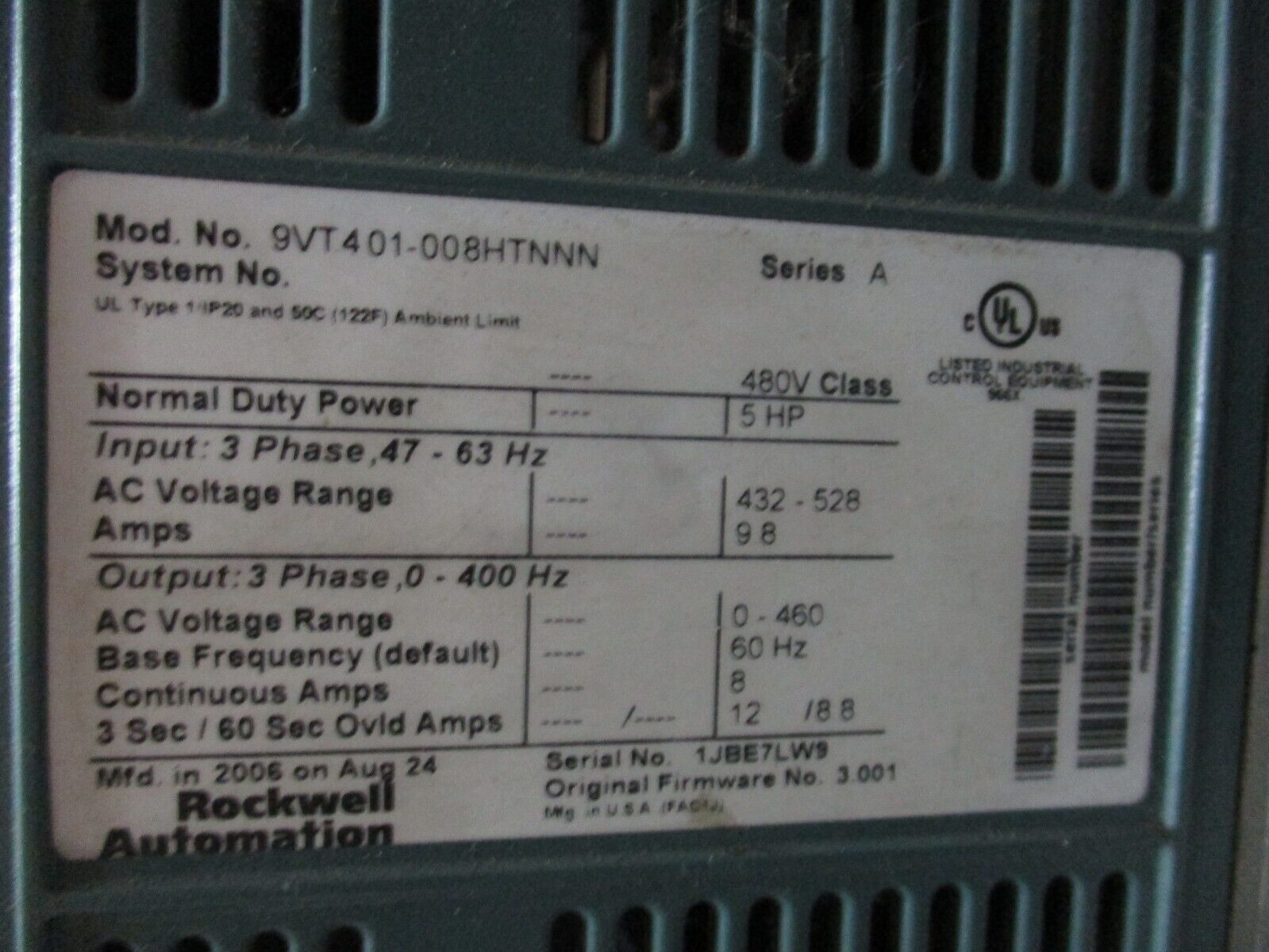 Rockwell Automation VTAC 9 AC Drive w/ Bypass 9VT401-008HTNNN 5HP 3Ph w/ Keypad