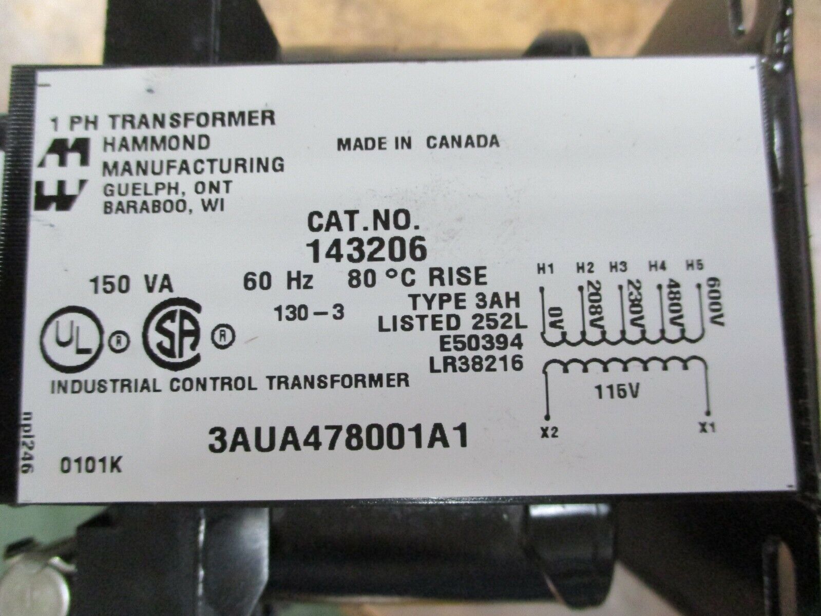Hammond Transformer 143206 3AUA478001A1 150VA Pri:208/230/480/600V Sec:115V Used