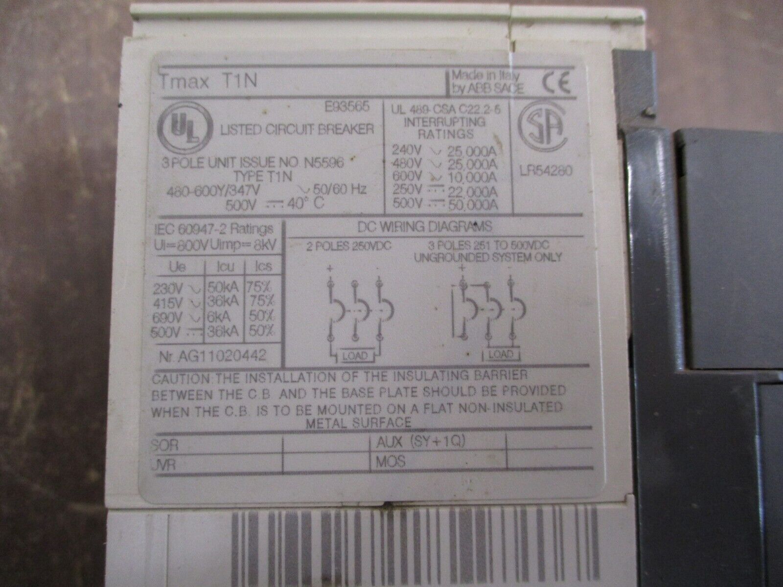 ABB Tmax Breaker Disconnect T1N 90 90A 600V 3P *Chipped* *Cracked* Used