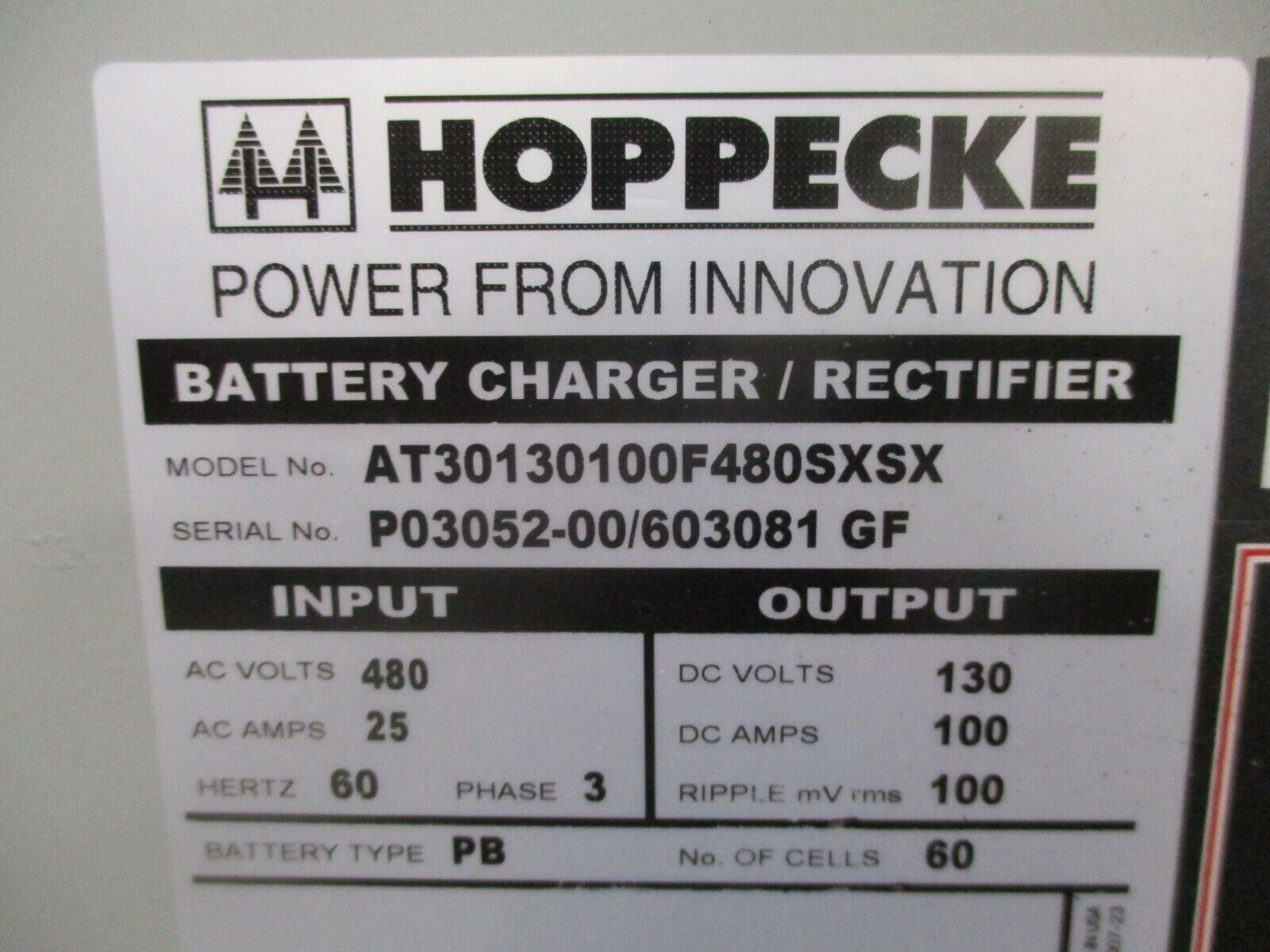 Hoppecke Battery Charger / Rectifier AT30130100F480SXSX 480VAC In 130VDC Out