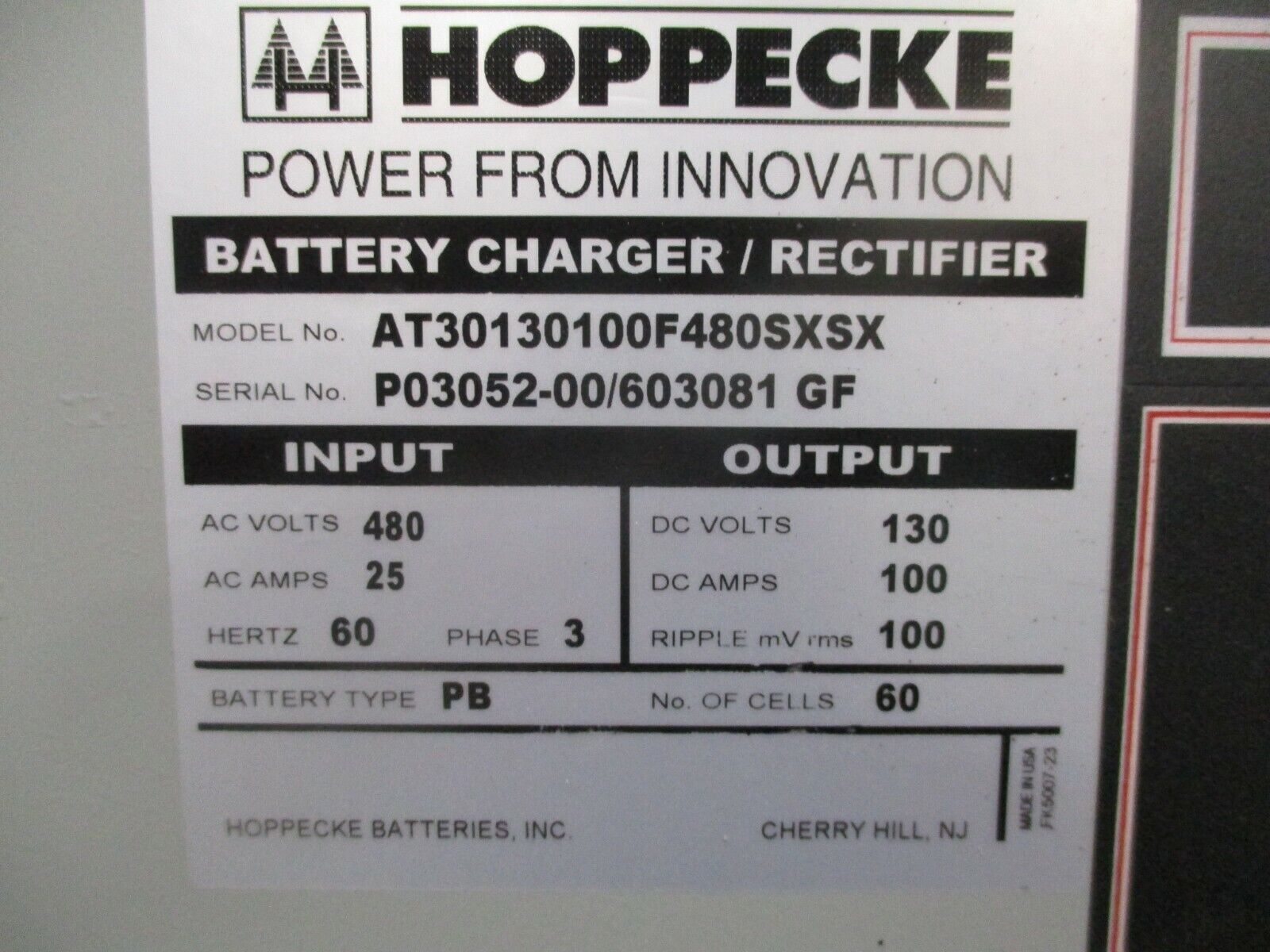 Hoppecke Battery Charger / Rectifier AT30130100F480SXSX 480VAC In 130VDC Out