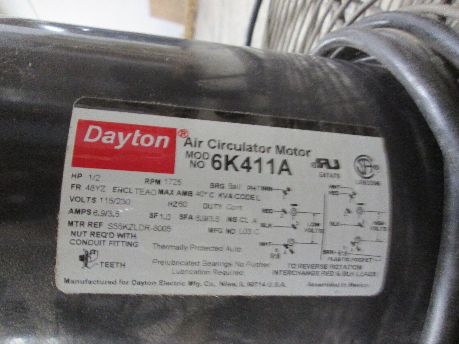 Dayton Exhaust Fan 24" fan Motor: 6K411A 1/2HP 1Ph 6.9/3.5A 115/230V Used