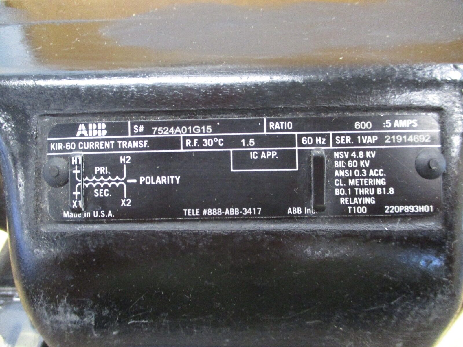 ABB KIR-60 Current Transformer 7524A01G15 Ratio 600:5A 4.8kV 60kV BIL 60Hz