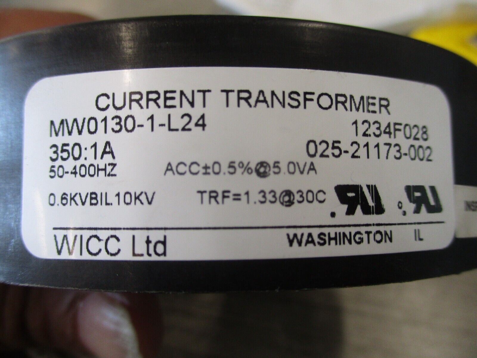 WICC Current Transformer MW0130-1-L24 Ratio 350:1A 600V 50-400Hz 10kV BIL Used