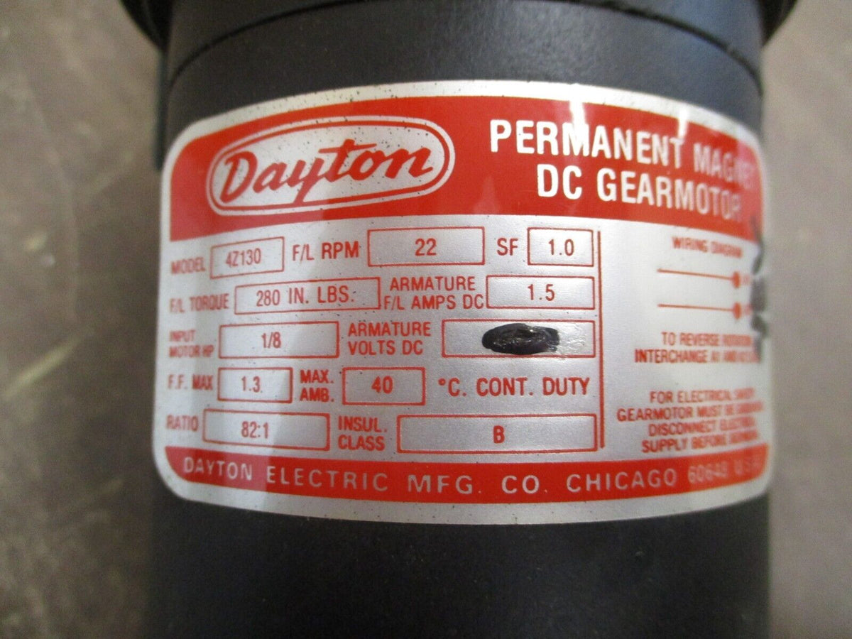 Dayton DC Gearmotor 4Z130 1/8HP 48V F/L RPM: 22 Ratio 82:1 Used