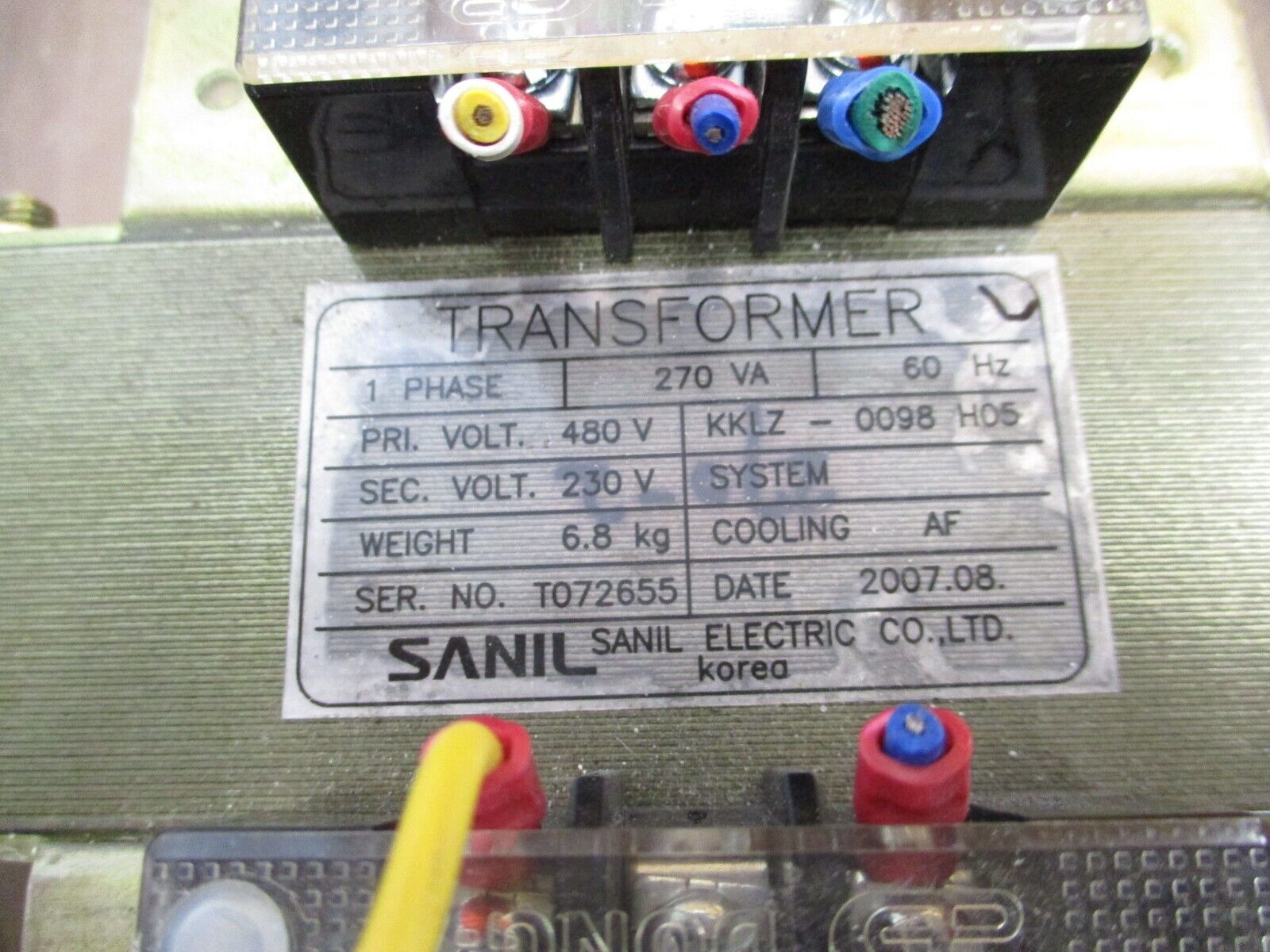 Sanil Transformer KKLZ-0098 H05 270VA Pri: 480V Sec: 230V 60Hz 1Ph Used