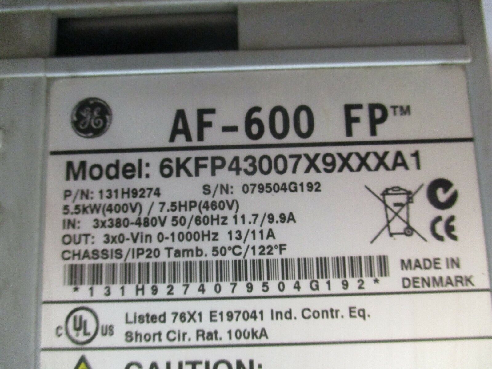 GE AF-600 FP AC Drive 131H9274 Model: 6KFP43007X9XXXA1 7.5HP 3Ph w/ Keypad Used