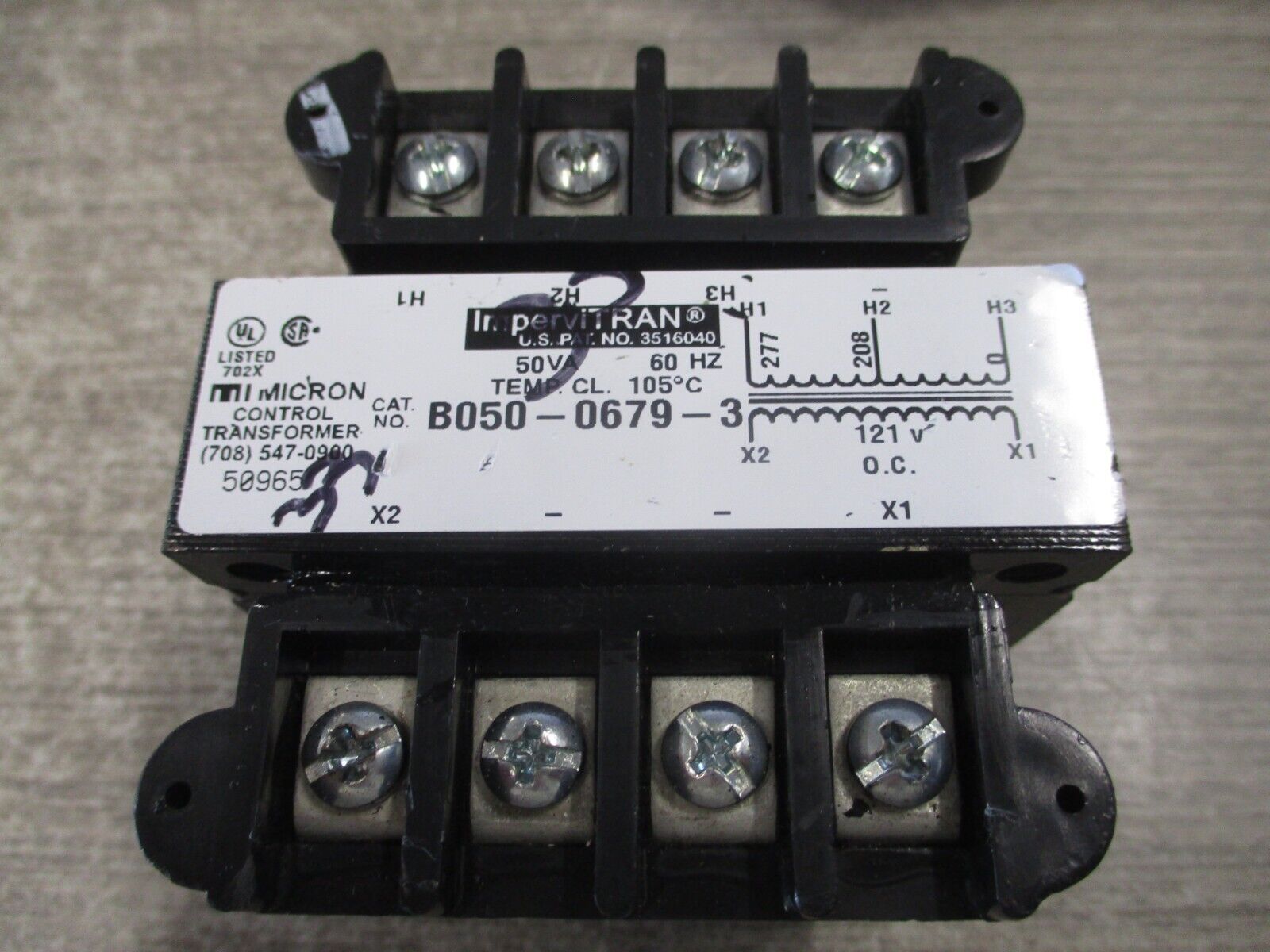 Micron ImperviTRAN Control Transformer B050-0679-3 50VA Pri: 208/277V Sec: 121V