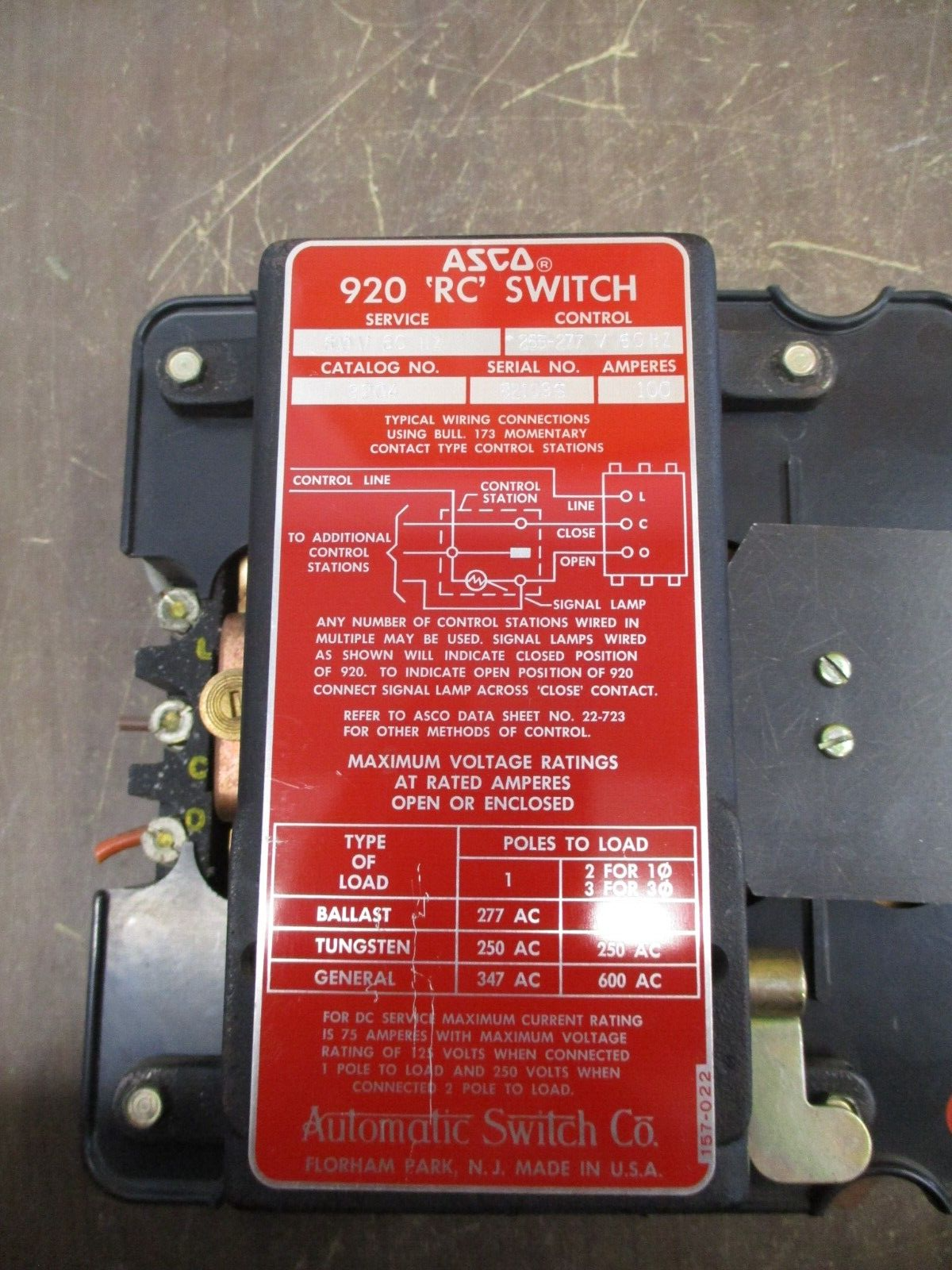 Asco 920 RC Switch 9204 100A 600V 60Hz Control: 265-277V Used