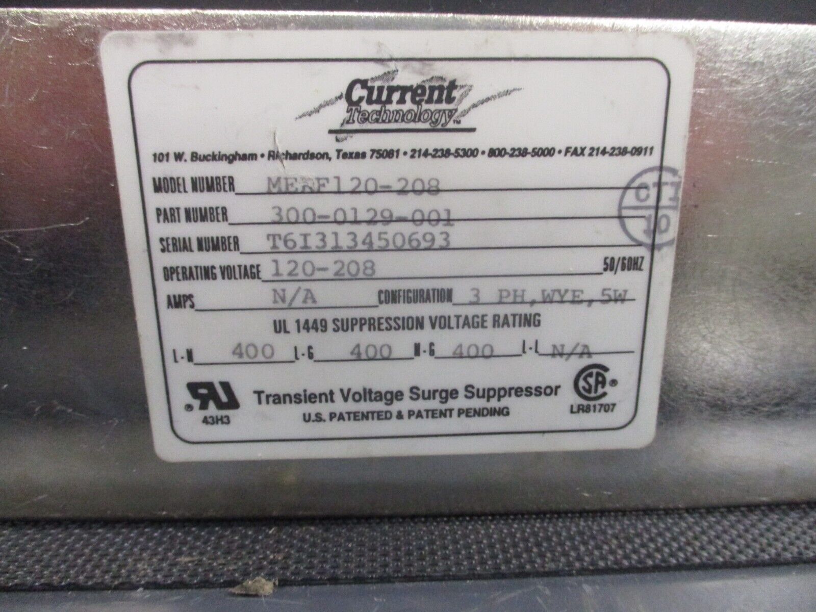 Current Technology MERF120/208,WYE Surge Suppressor 300-0129-001 120/208V