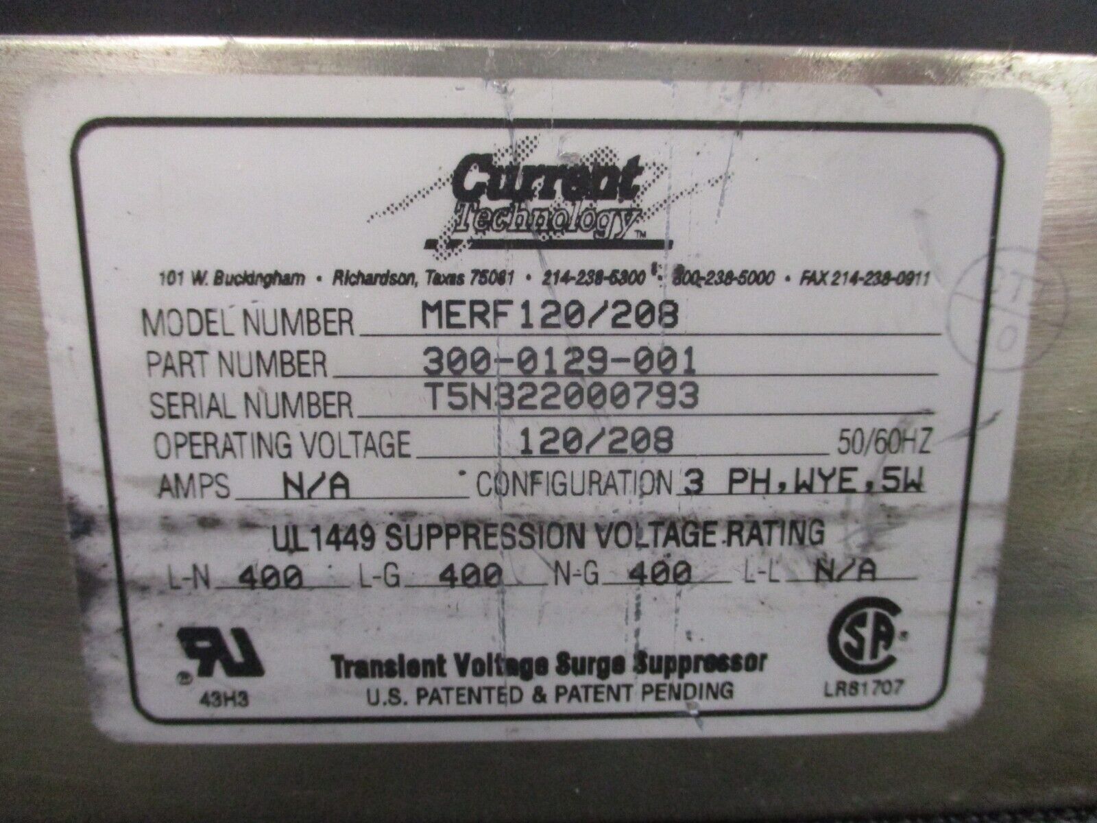 Current Technology MERF120/208,WYE Surge Suppressor 300-0129-001 120/208V