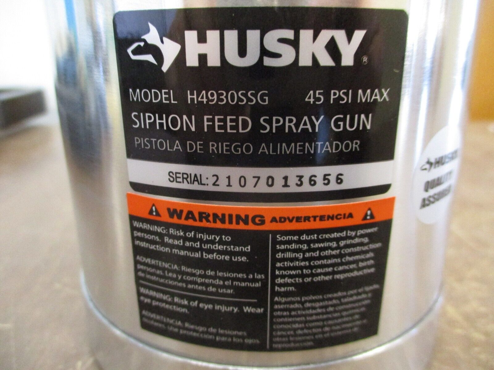 Husky Siphon Feed Spray Gun Tank H4930SSG 45PSI Max *No Box* New Surplus