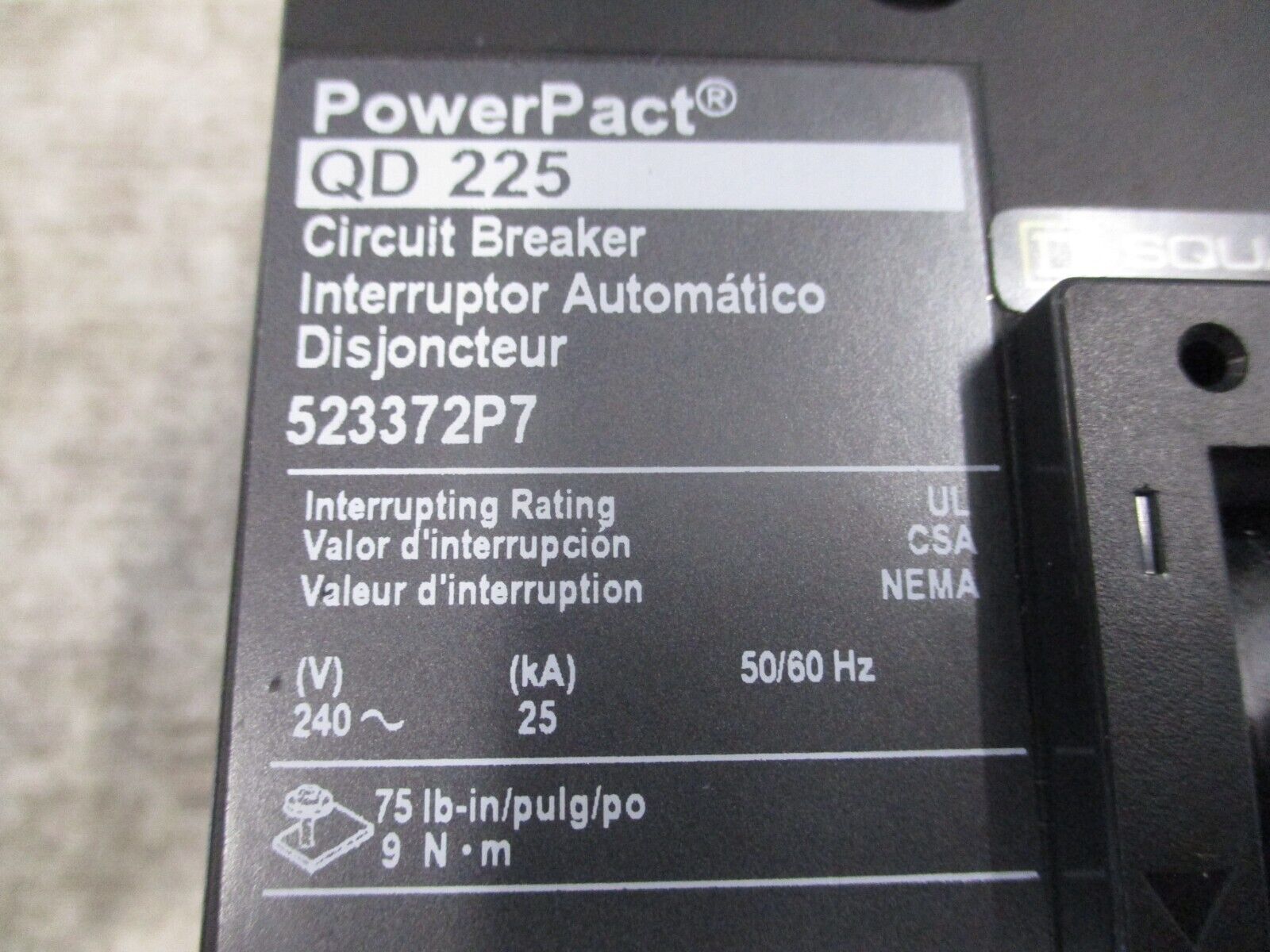 Square D PowerPact QD 225 Circuit Breaker QDF32225TS 225A 240V 3P Used