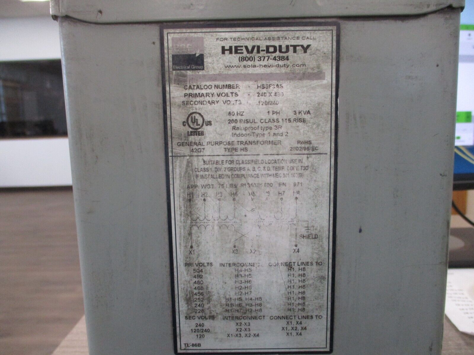 Hevi-Duty Transformer HS5F3AS 3kVA Pri: 240/480V Sec: 120/240V 60Hz 1Ph Used