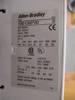 Allen-Bradley Contactor 100-C60*00 Ser. B 120V Coil 60A 600V Used