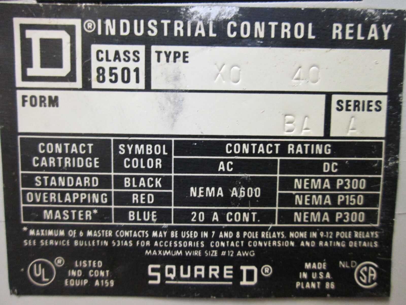 Square D Control Relay 8501 X040 Used