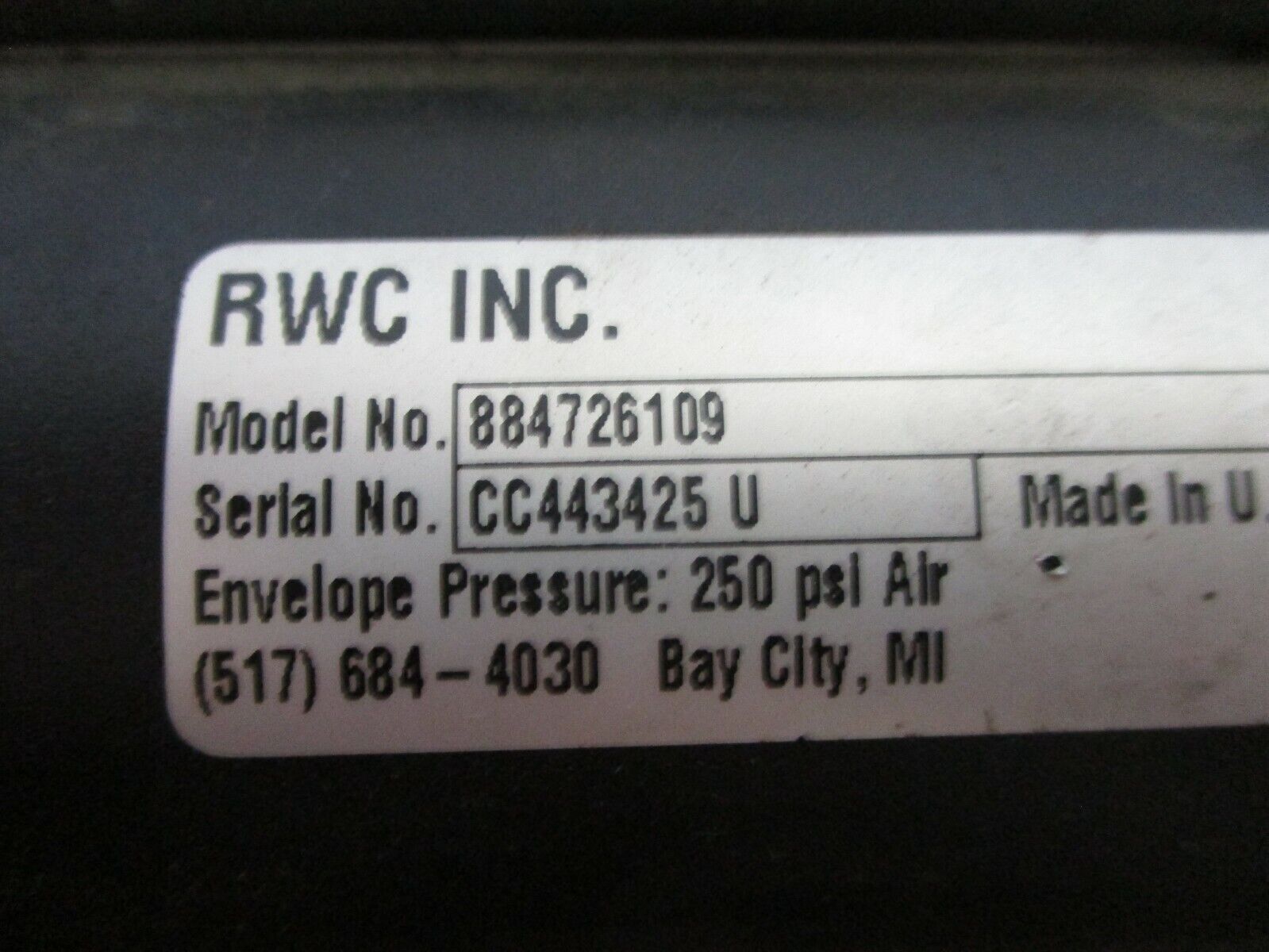 RWC Air Cylinder 884726109 250PSI Used