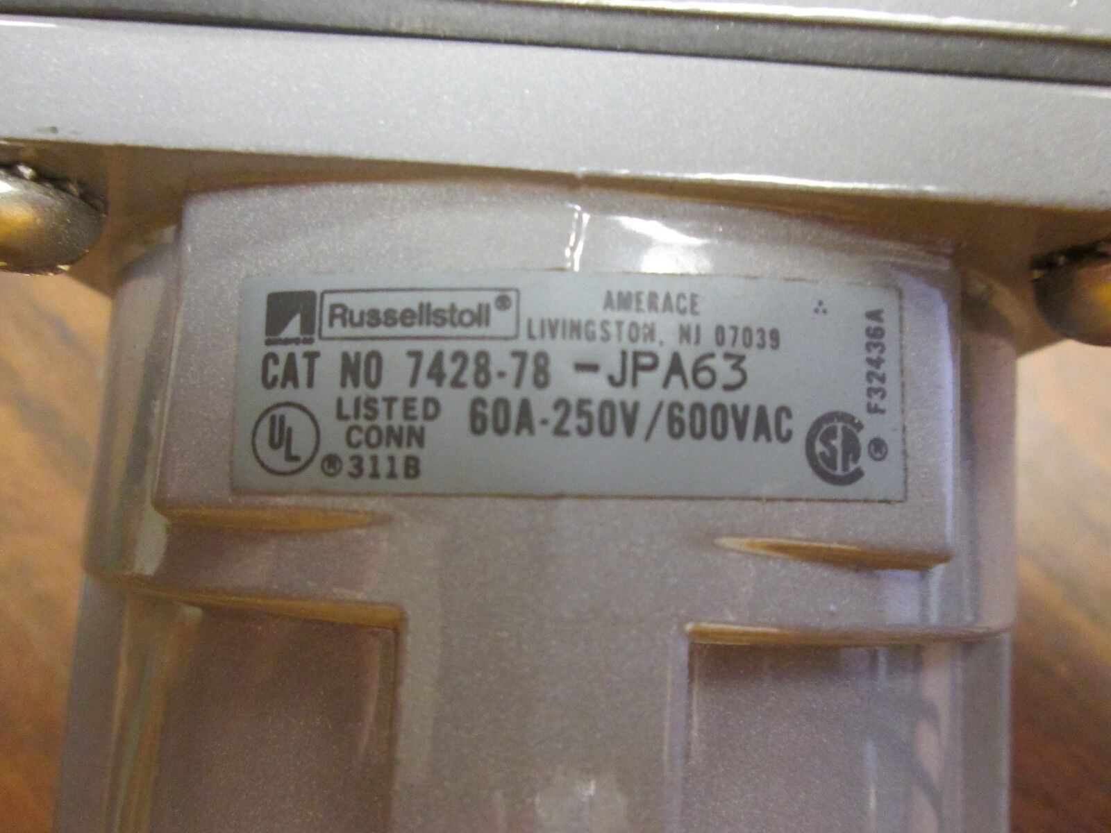 Russellstoll Receptacle 7428-78-JPA63 60A 600V Conduit End Used