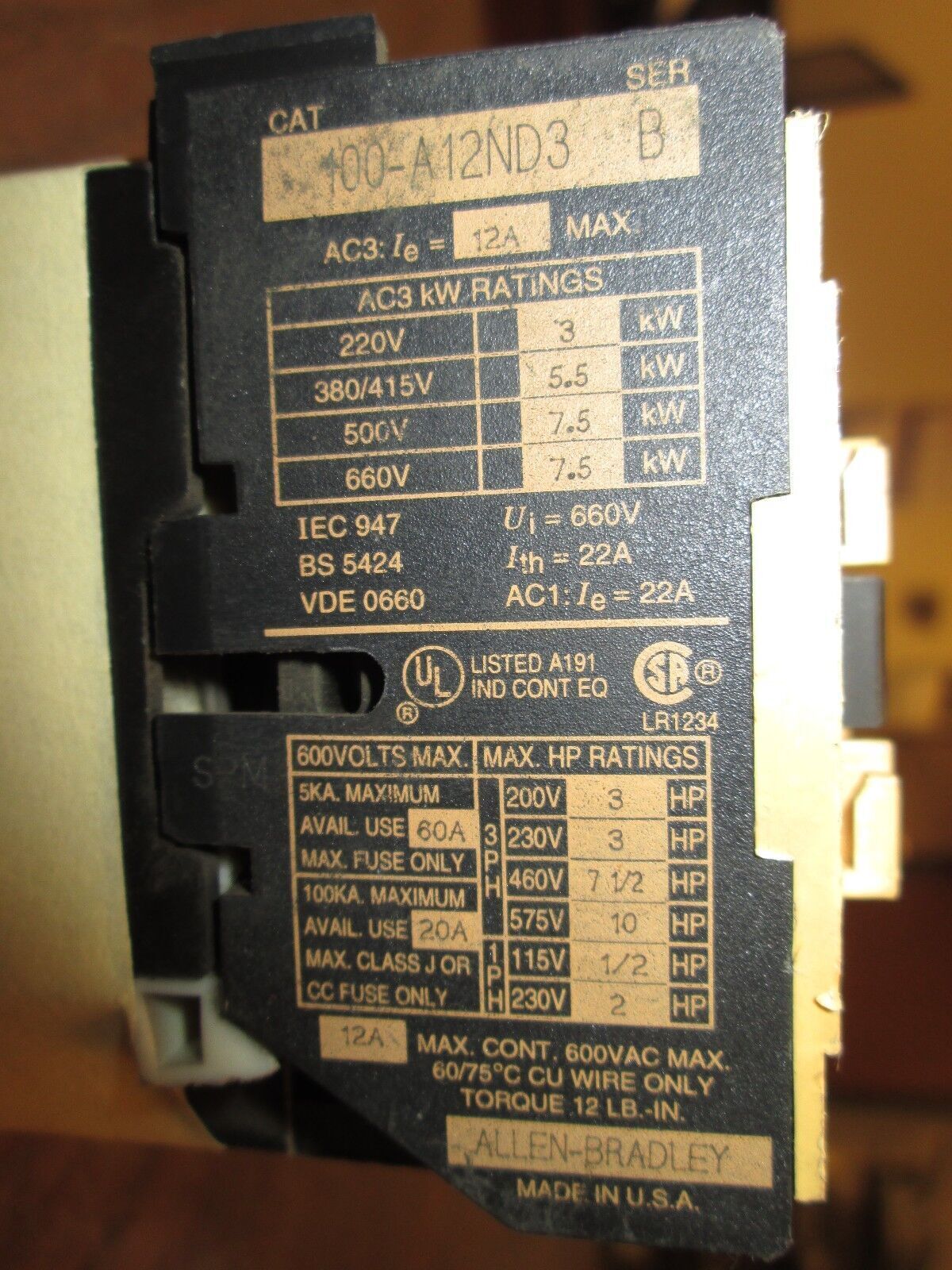 Allen-Bradley Contactor 100-A12ND3 12A 600VAC 120V Coil Lot of 2 Used