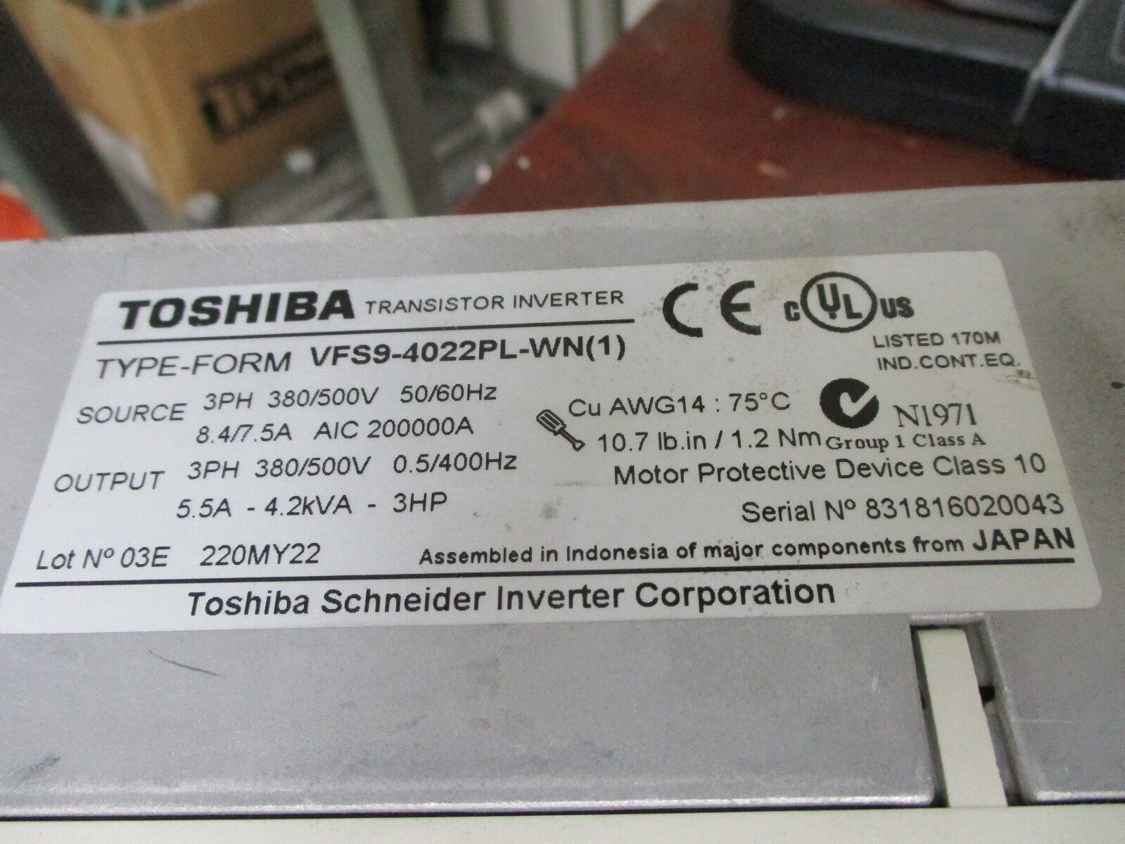 Toshiba AC Drive VFS9-4022PL-WN(1) 3HP 3Ph Inputs:380/500V 50/60Hz 8.4/7.5A Used