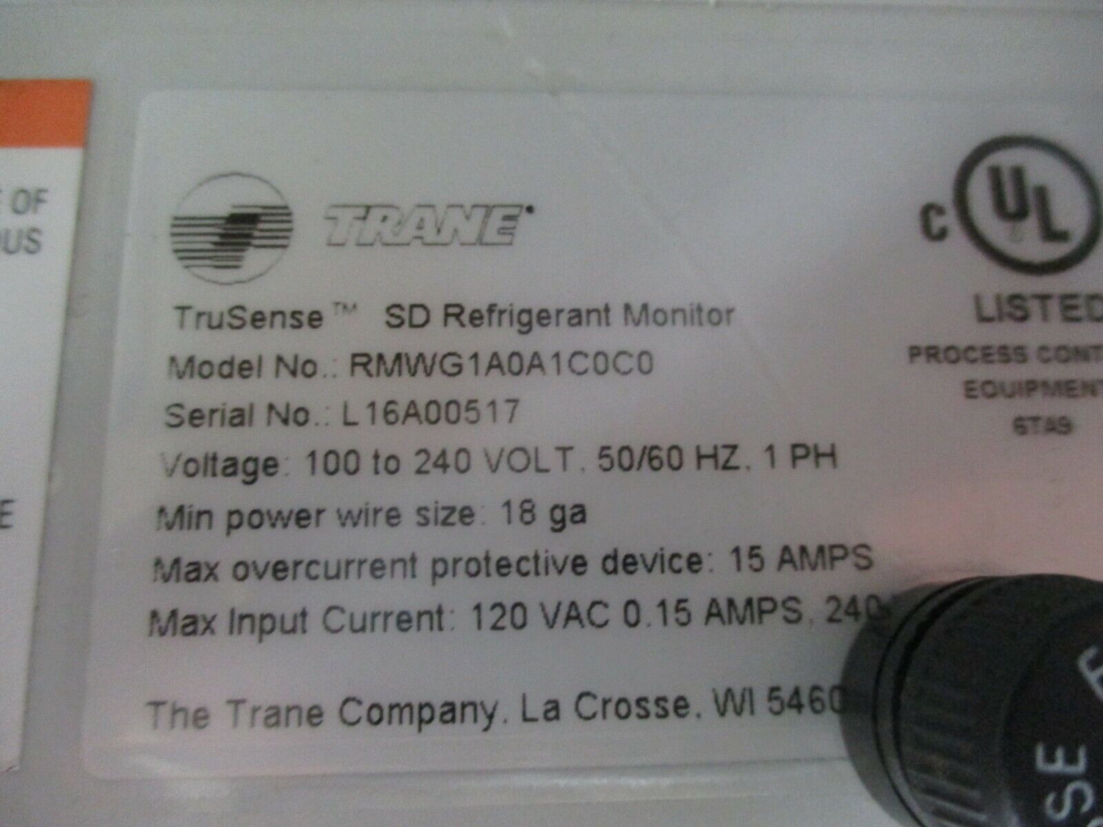 Trane TruSense SD Refrigerant Monitor RMWG1A0A1C0C0 w/ Alarm & Light Used