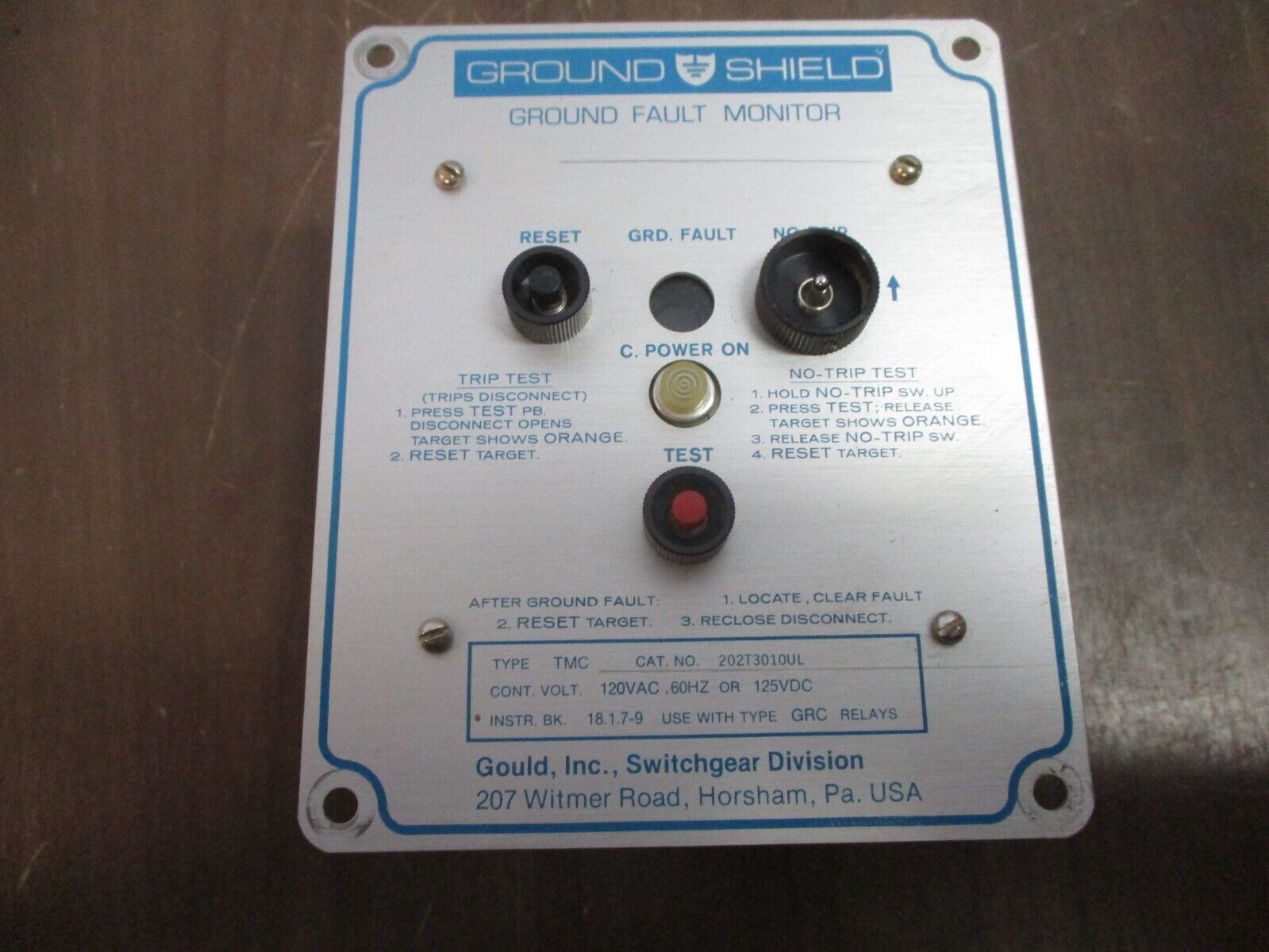 Gould Ground Shield Ground Fault Monitor 202T3010UL 120VAC 60Hz 125VDC Used