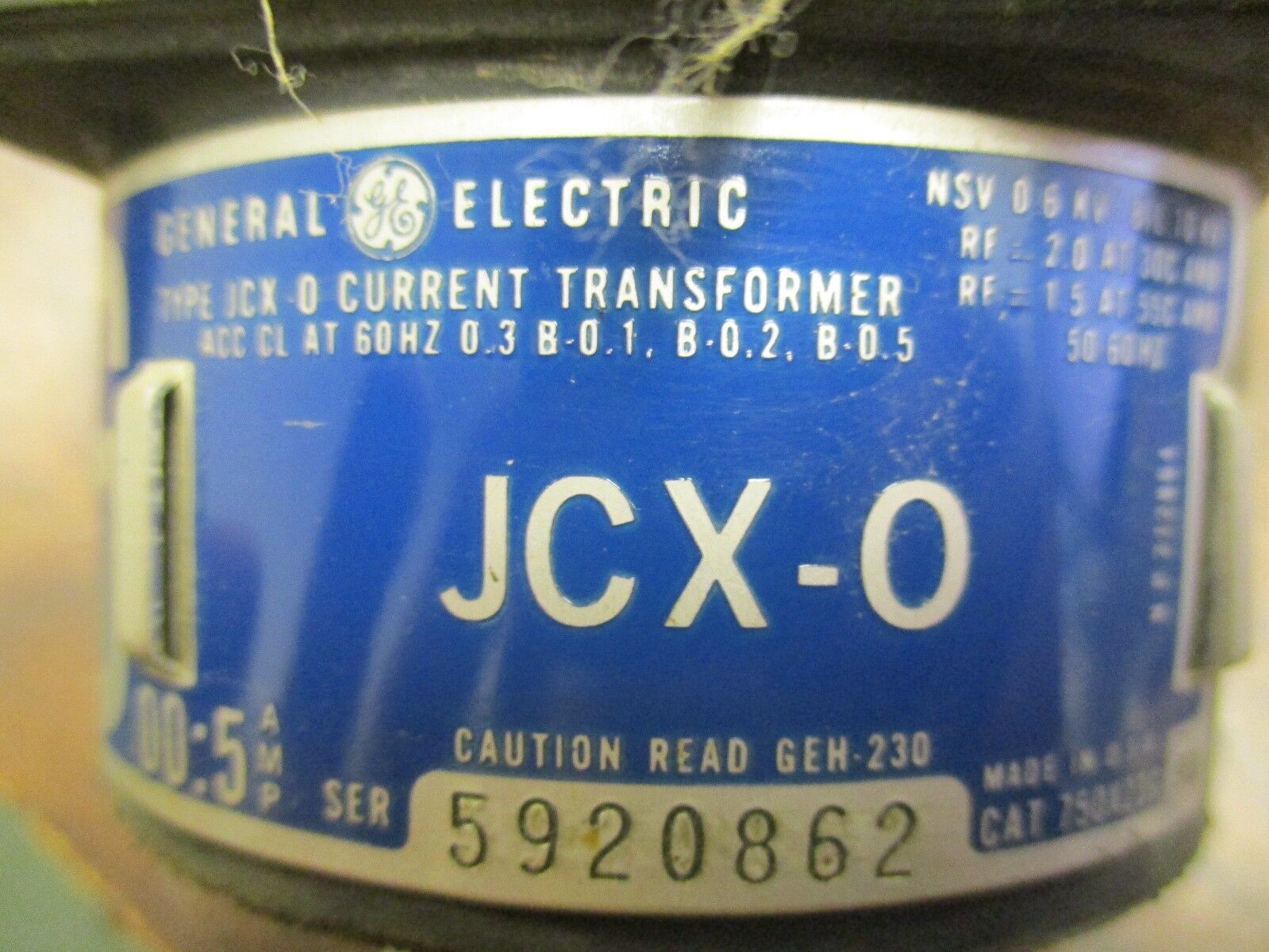 GE Type JCX-0 Current Transformer 750X23G Ratio 600:5A 10 KV BIL 60Hz Used