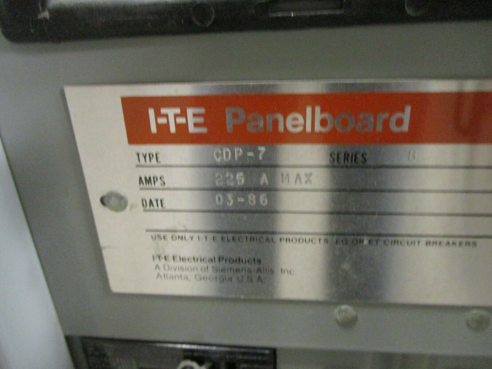 ITE Main Breaker Circuit Breaker Panel CDP-7 225A Max 208Y/120 3Ph 4W Used