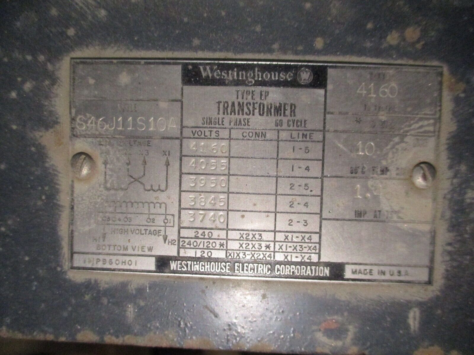 Westinghouse Type EP Transformer S46J11S10A 10kVA Pri: 4160V Sec: 120/240V 60Hz