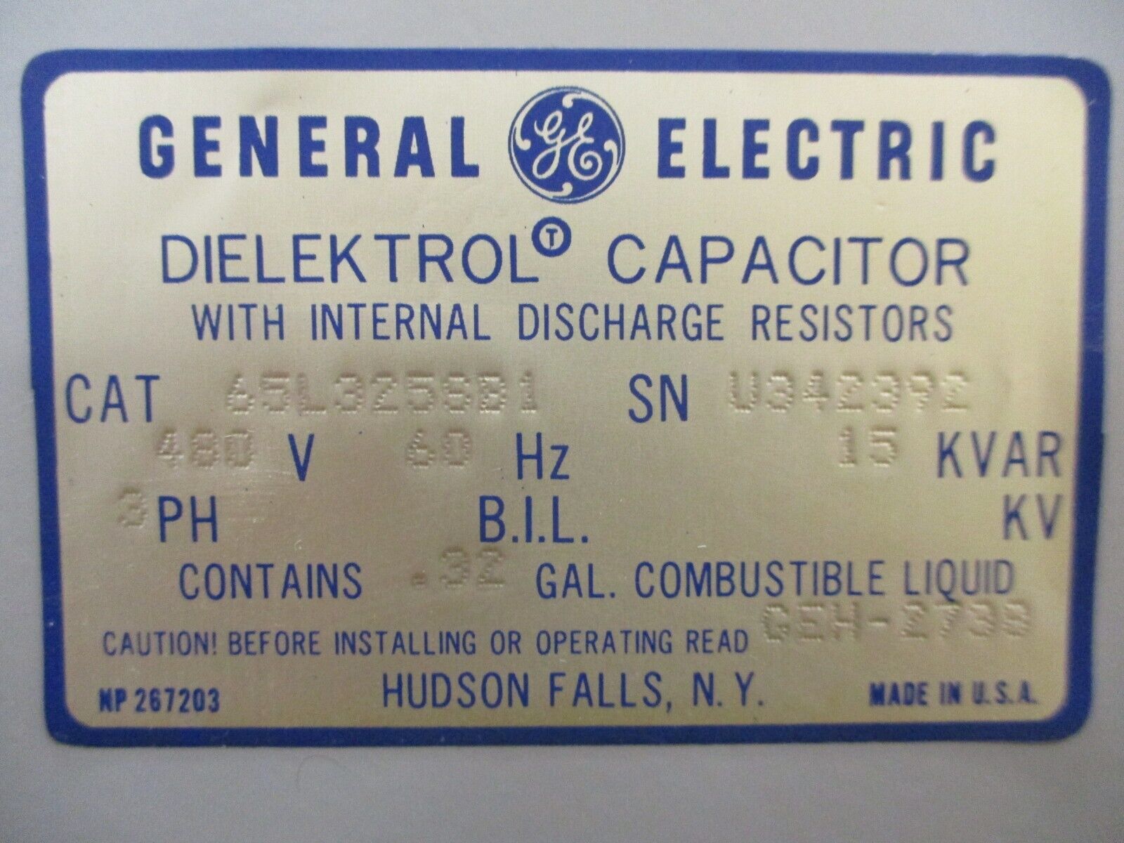 GE Dielektrol Capacitor 65L325SB1 15kVAR 480V 60Hz 3Ph Used
