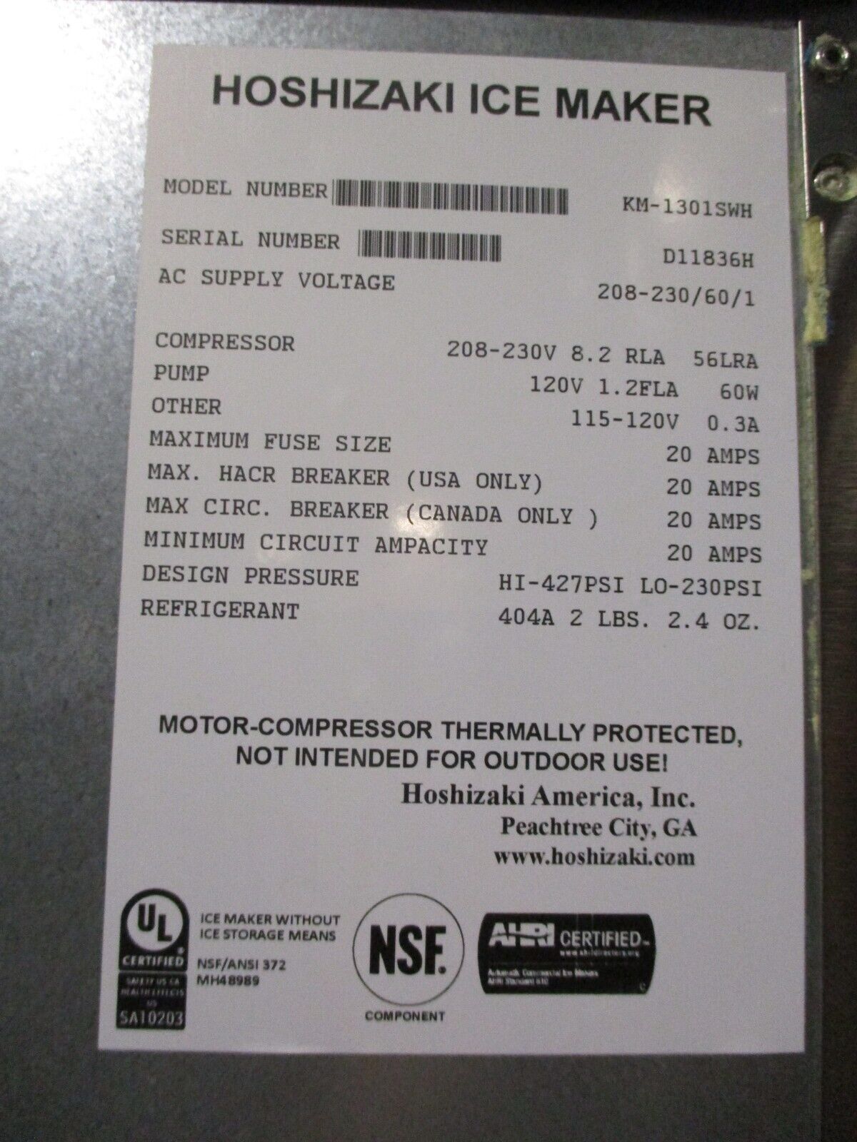 Hoshizaki Ice Maker w/ Storage Bin KM-1301SWH / B-1150SS 208-230V 60Hz 1Ph Used