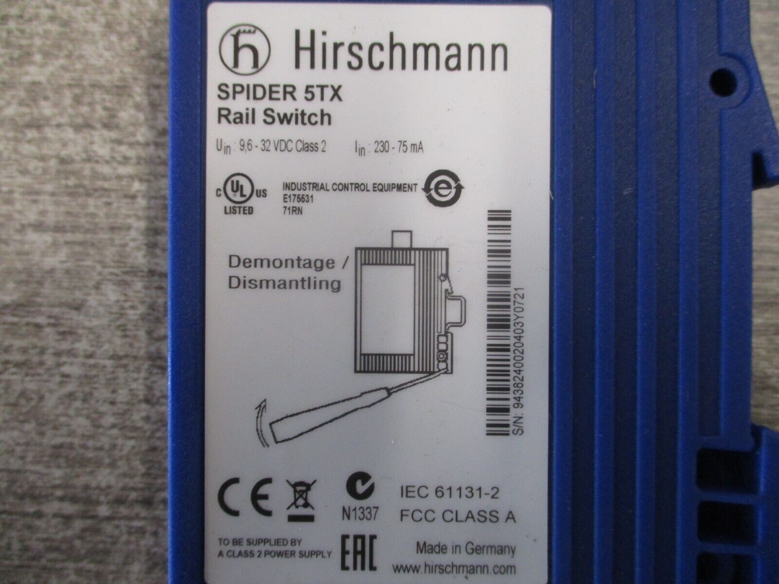 Hirschmann Rail Ethernet Switch SPIDER 5TX 5-Port Used