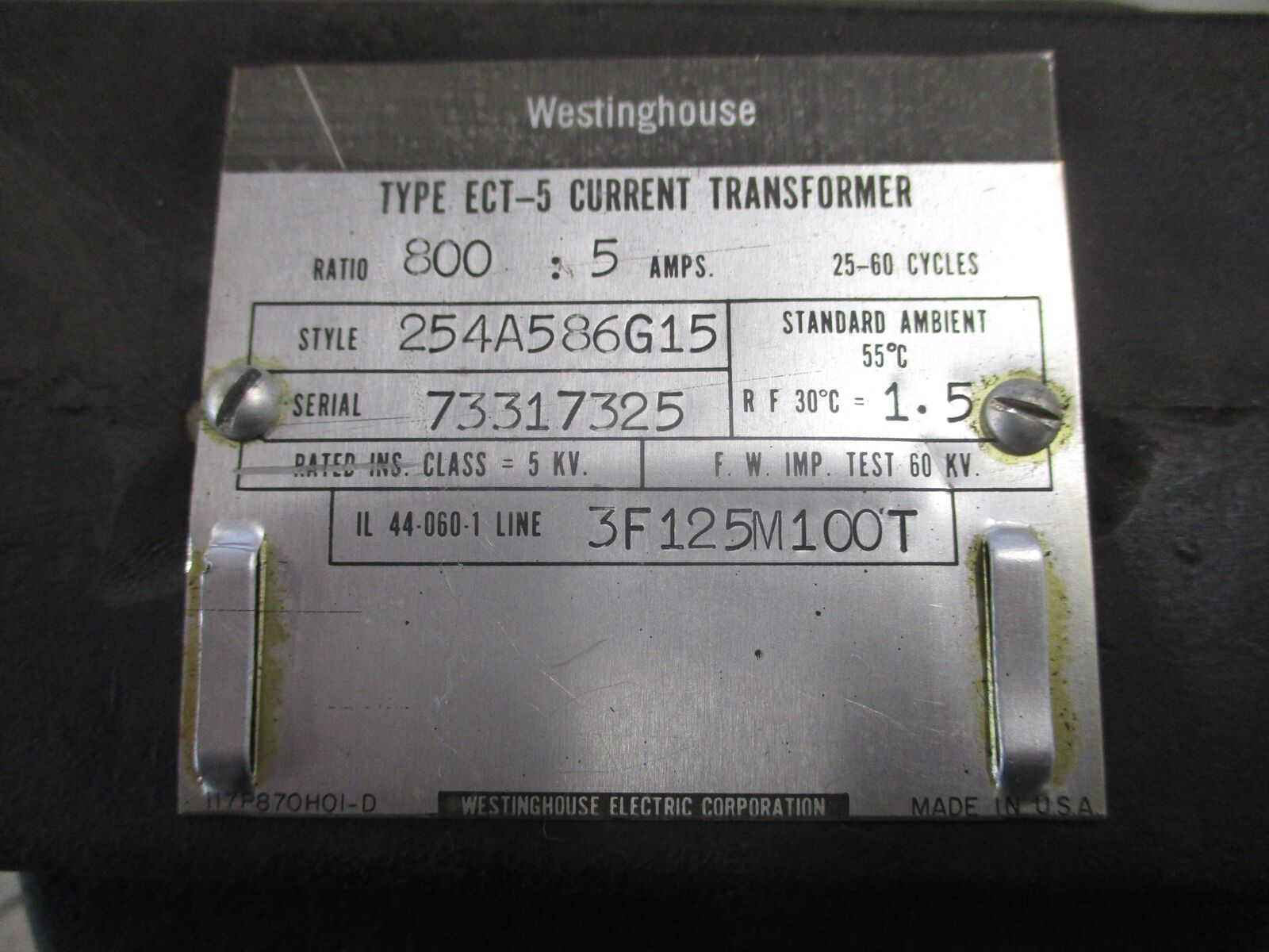 Westinghouse Type ECT-5 Current Transformer 254A586G15 Ratio 800:5A 5kV Used
