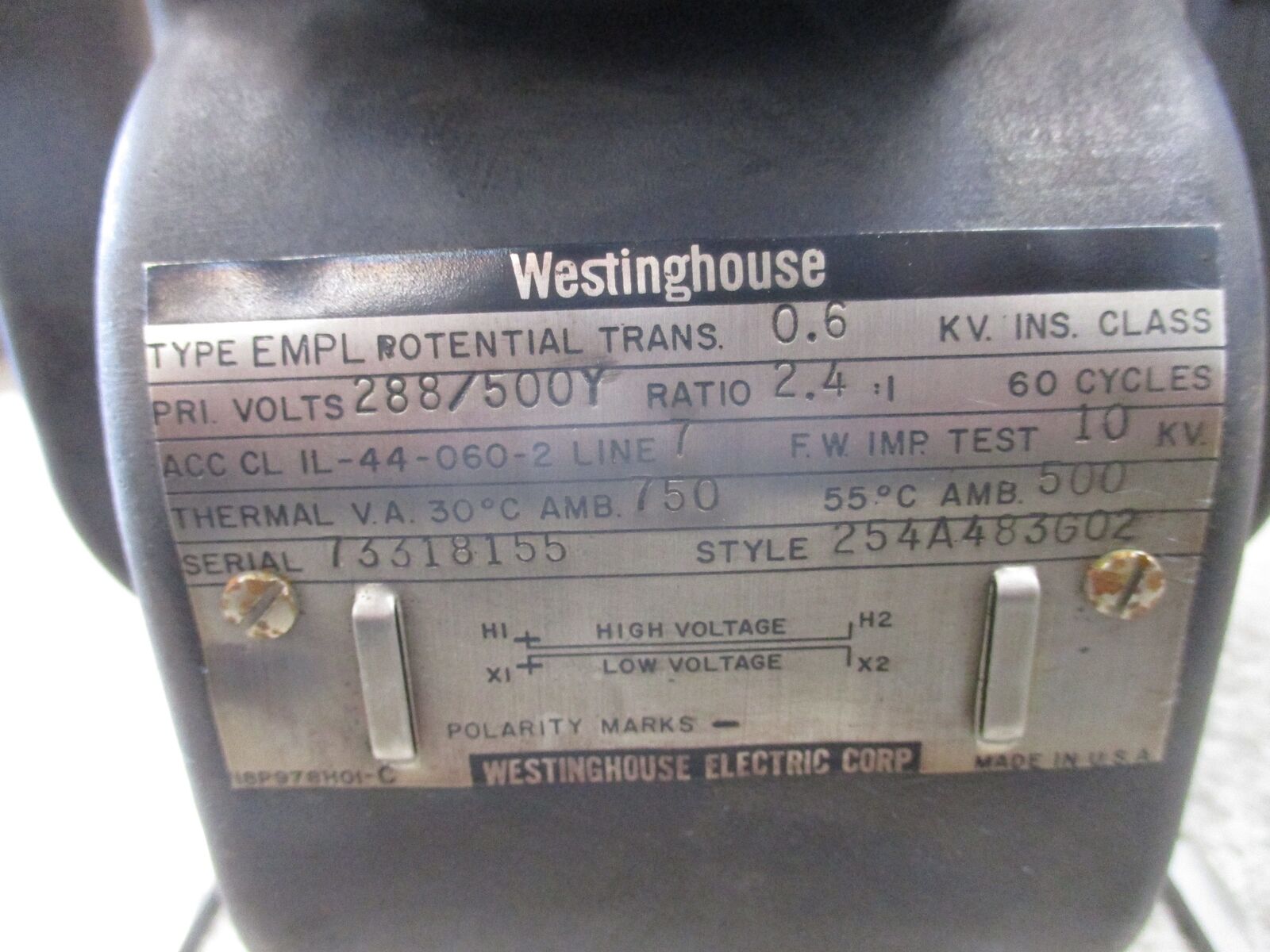 Westinghouse Type EMPL Potential Transformer 254A483G02 Pri: 500Y/288V Ratio 2.4